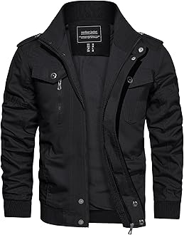 CRYSULLY Men's Cotton Military Jacket Lightweight Casual Windbreaker Stand Collar Bomber Jackets Coat with Multi Pockets
