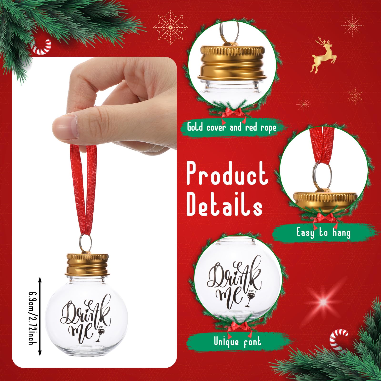 eBoot Christmas Drink Me Balls Ornament Fillable Booze Balls Christmas Tree Ornaments Xmas Holiday Plastic Ornament with Gold Lids for Home Decoration(3.38oz, 24 Pcs)