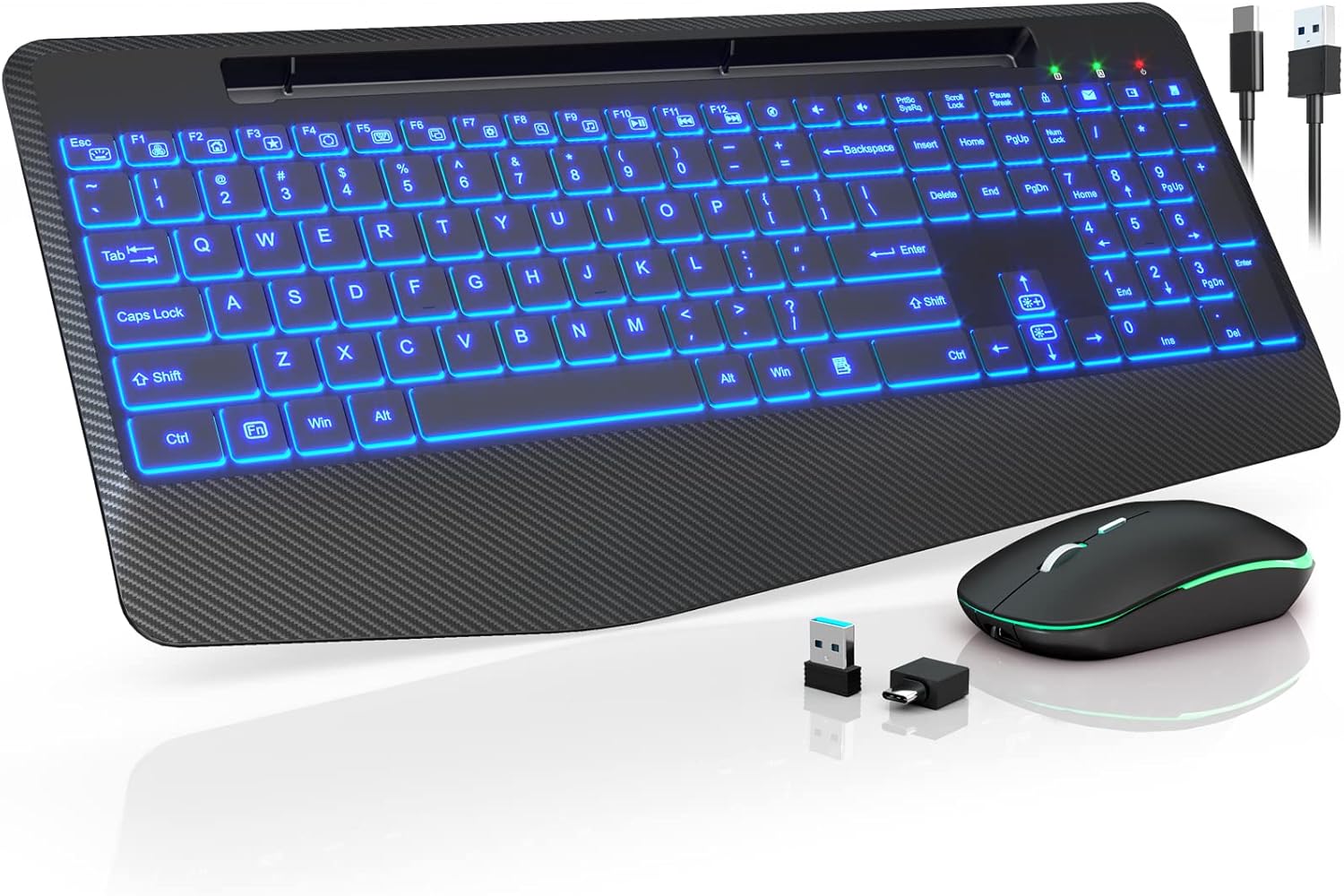 Wireless Keyboard and Mouse with 7 Colored Backlits, Wrist Rest, Phone