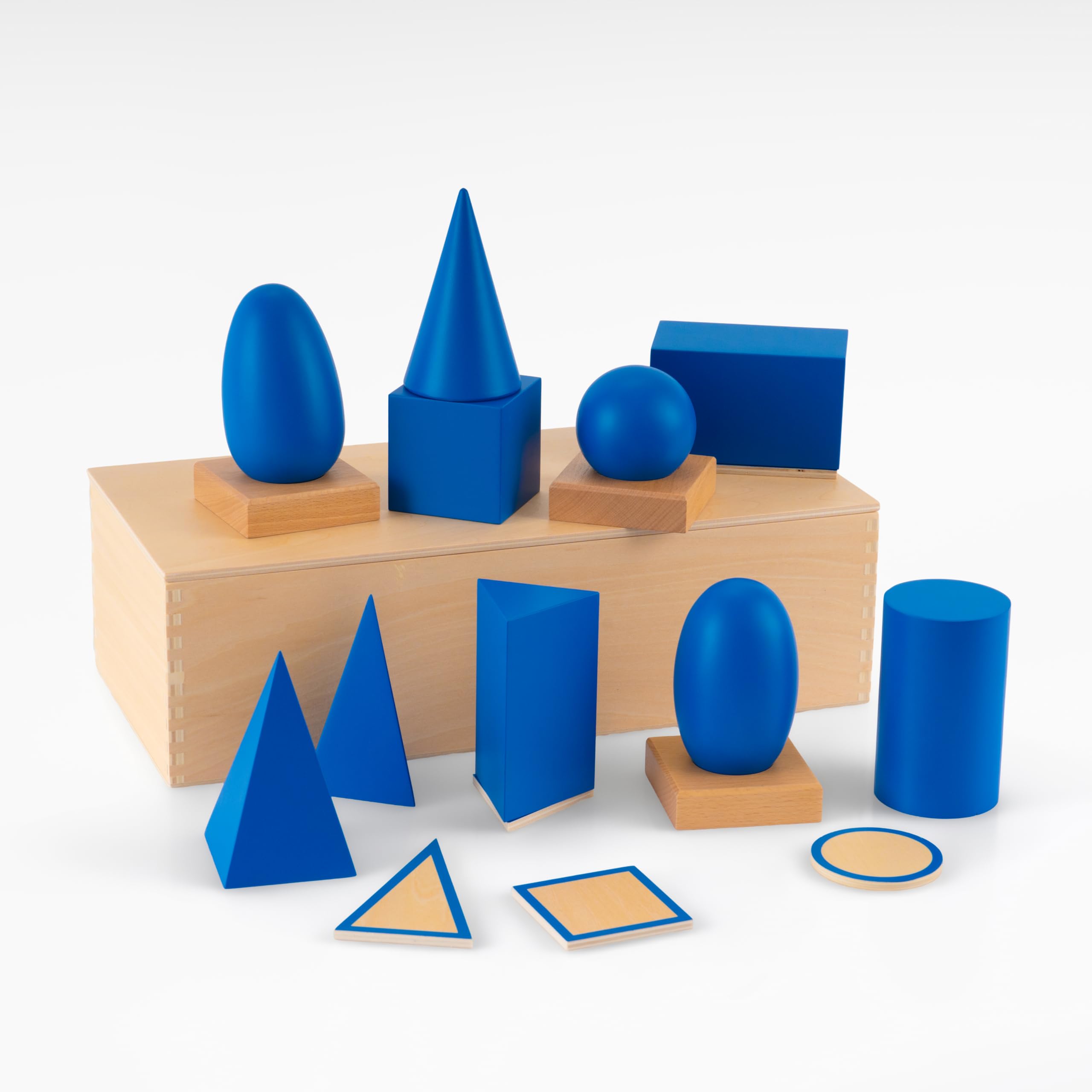 Premium Montessori Geometrische Körper mit Zuordnungskarten – 10 Buchenholz-3D-Formen, Grundflächen & Ständer, Sinnesmaterial für räumliches Denken, Lernspielzeug 3-9, Homeschool & Klassenzimmer