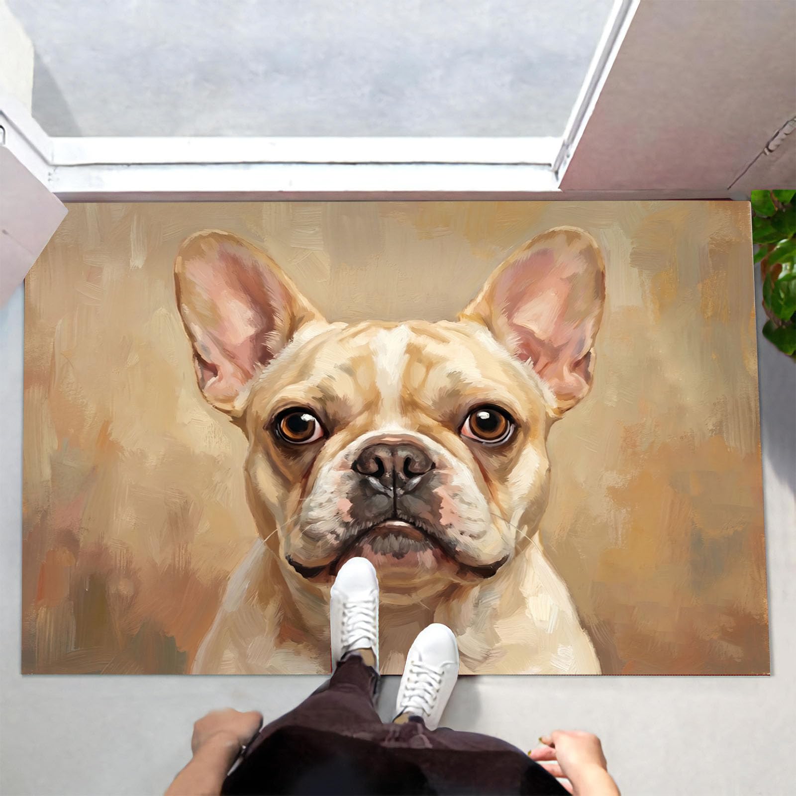 90X150Cm Zerbino Ingresso Interno Antiscivolo Assorbente, Tappeto Microfibra Sottile Lavabile Con Dipinti Antichi Animali Olio Un Adorabile Bulldog Francese Per Cucina Bagno Porta Animali, Marrone