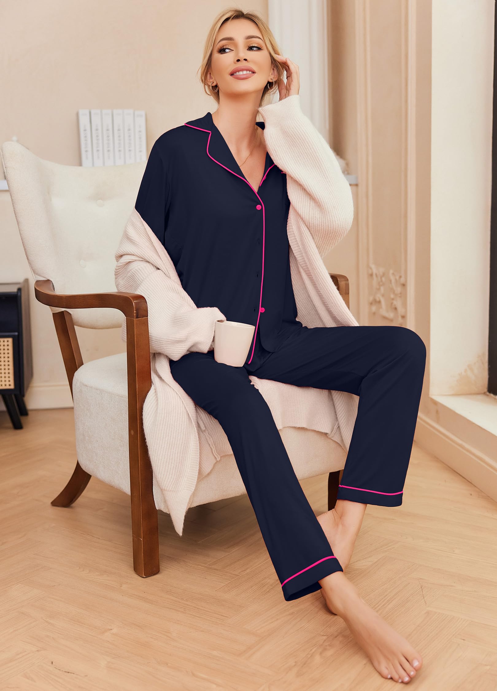Ekouaer Pigiama Donna Maniche Lunghe Set Pigiama a Due Pezzi con Bottoni Abbigliamento da Notte Morbido Sleepwear Top e Pantaloni Pigiama XS-XXL