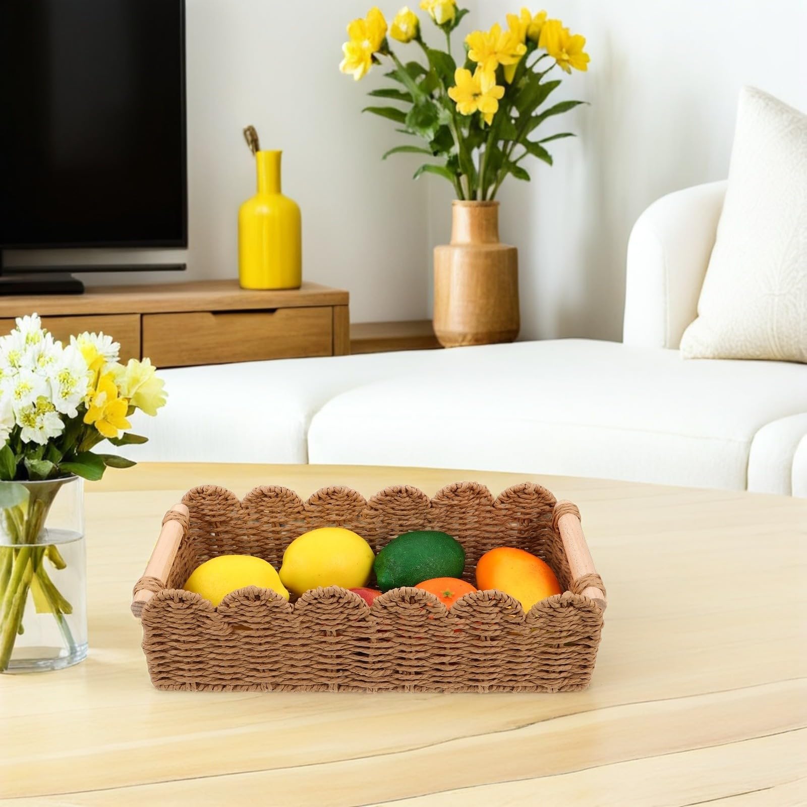 PACKOVE 2 Piezas Cesta de Almacenaje Tejida a Mano para Papel Higiénico, con Mango de Madera, Borde Festoneado, Marrón, Fibra de Papel y Madera, Transpirable, para Estante de Dormitorio