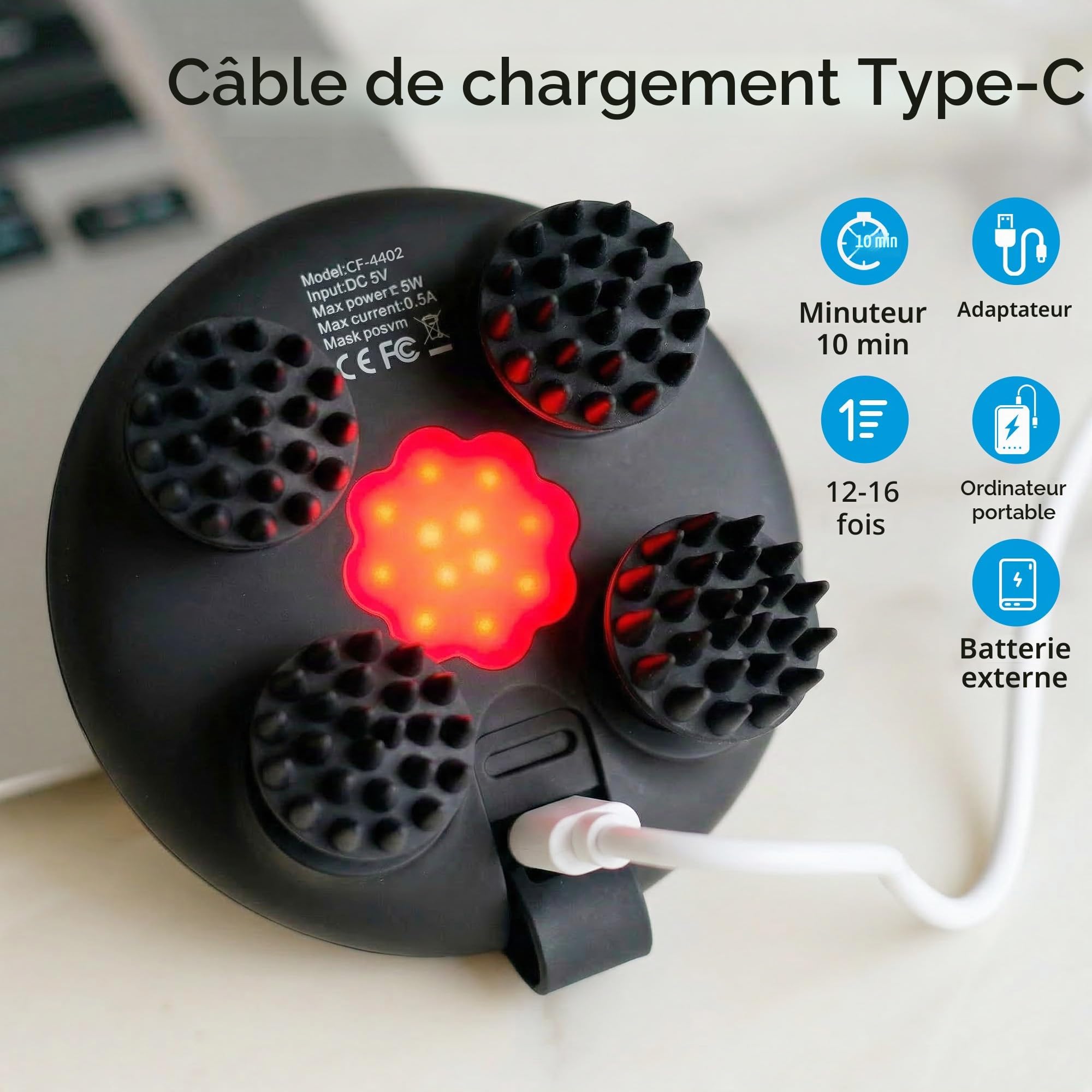 COMFIER Masseur de tête sans fil électrique, 3 modes de pétrissage, étanchéité IPX7, 8 griffes pour un massage tete profond, stimulation capillaire et nettoyage du cuir chevelu, cadeau pour la détente