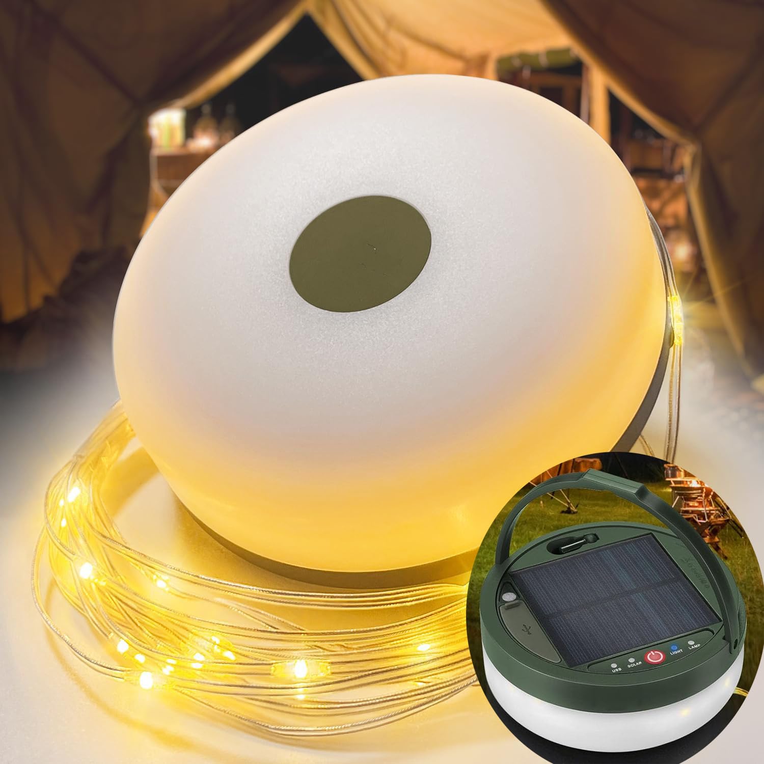 Outdoor solare impermeabile portatile retrattile stringa Light, 3 in 1 Camping String Light, 8 modalità di illuminazione (40 piedi) all'esterno, solare / USB lampada da tenda ricaricabile per