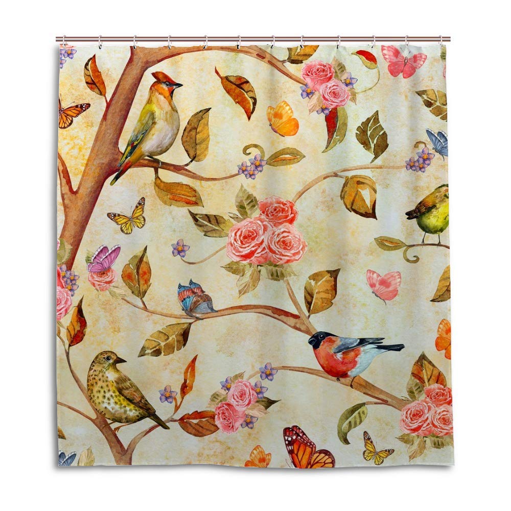 Rideau de douche oiseaux verts et fleurs pour une ambiance nature en salle de bain
