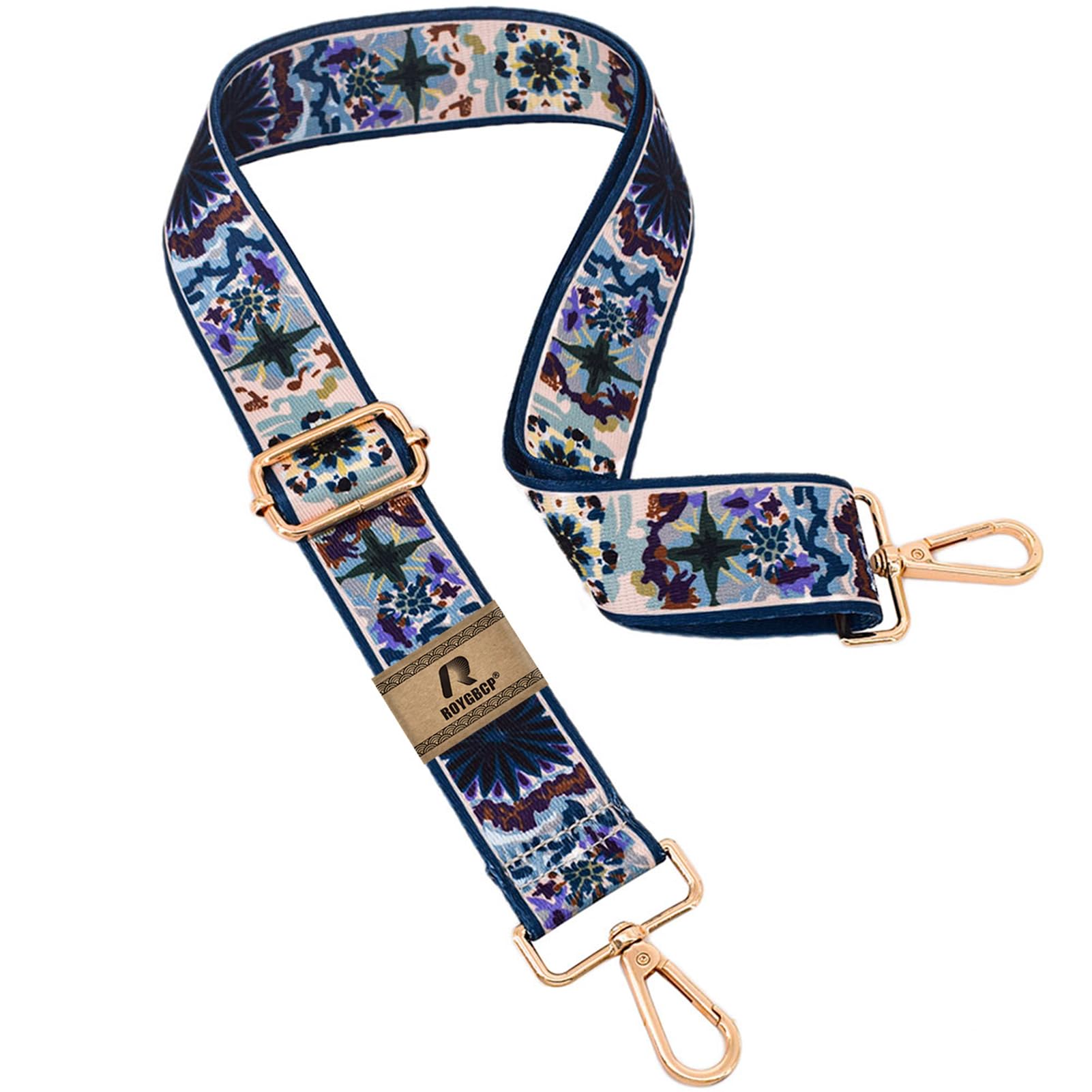 ROYGBCP Replacement Purse Strap Shoulder Strap Adjustable Crossbody Strap for Women Crossbody Wide Shoulder Bag, Blue Flowers-gold Hardware, 1.5 inches (width)