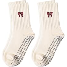 Pilates Yoga Grip Socks for Women, Bow-Patterned Ruffled Crew Socks Ideal for Fitness, Ballet Bar Work&amp;Dance