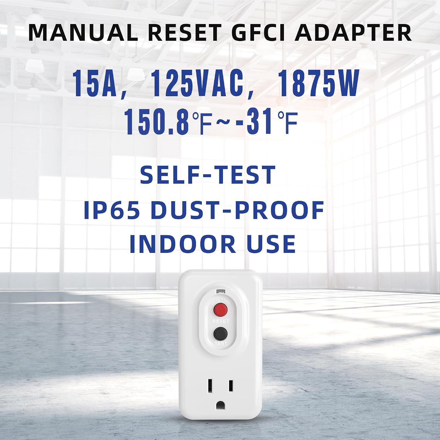 AIDA GFCI Adapter, 15 AMP Single Outlet Grounded 3-Prong GFCI Adapter, for Indoor Use with Manual Reset, UL Listed, White, 1 Pack