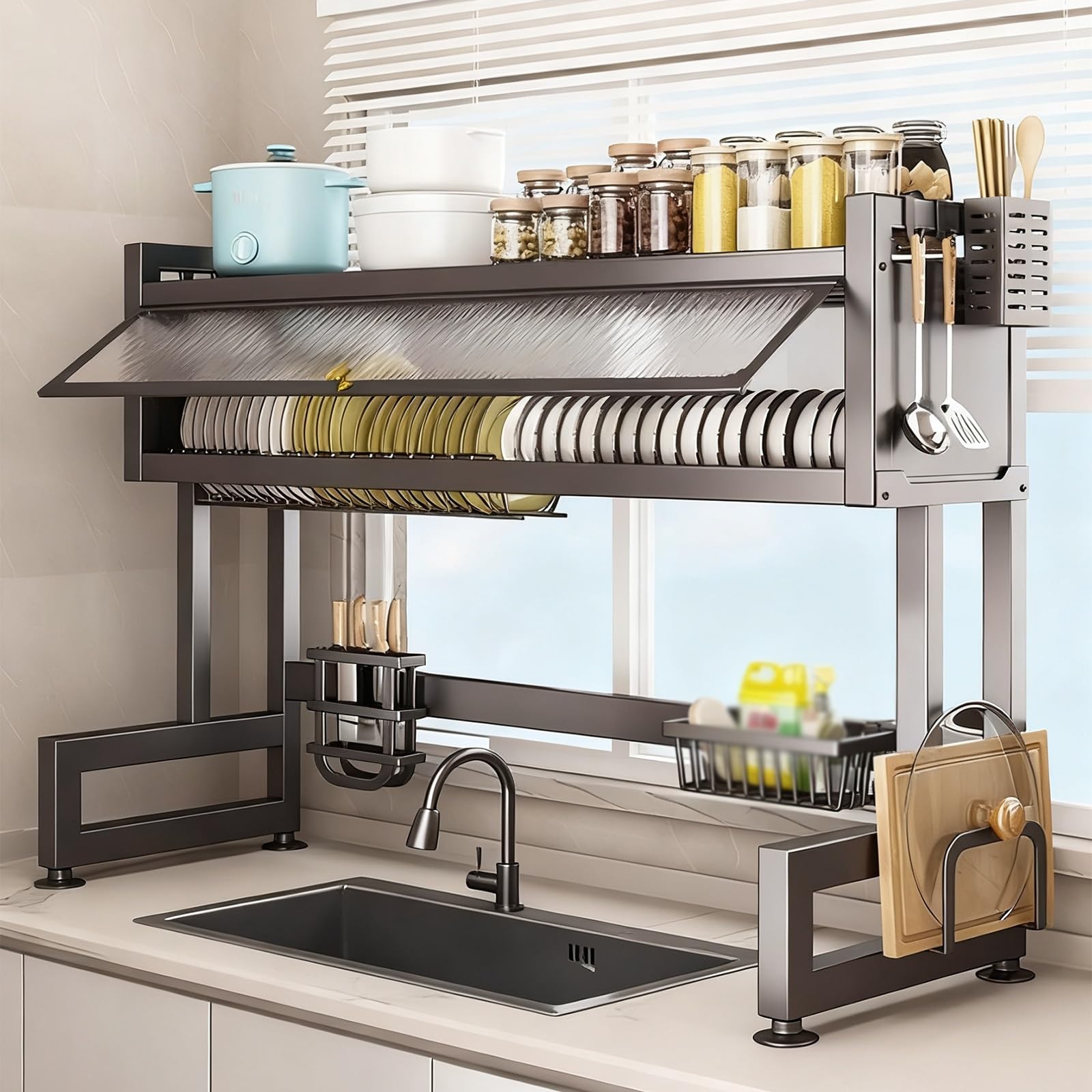 Escurridor de platos sobre el fregadero, organizador de almacenamiento de 3 niveles con puerta abatible transparente para platos, vasos, cuencos, cubiertos, estante grande para fregadero de cocina
