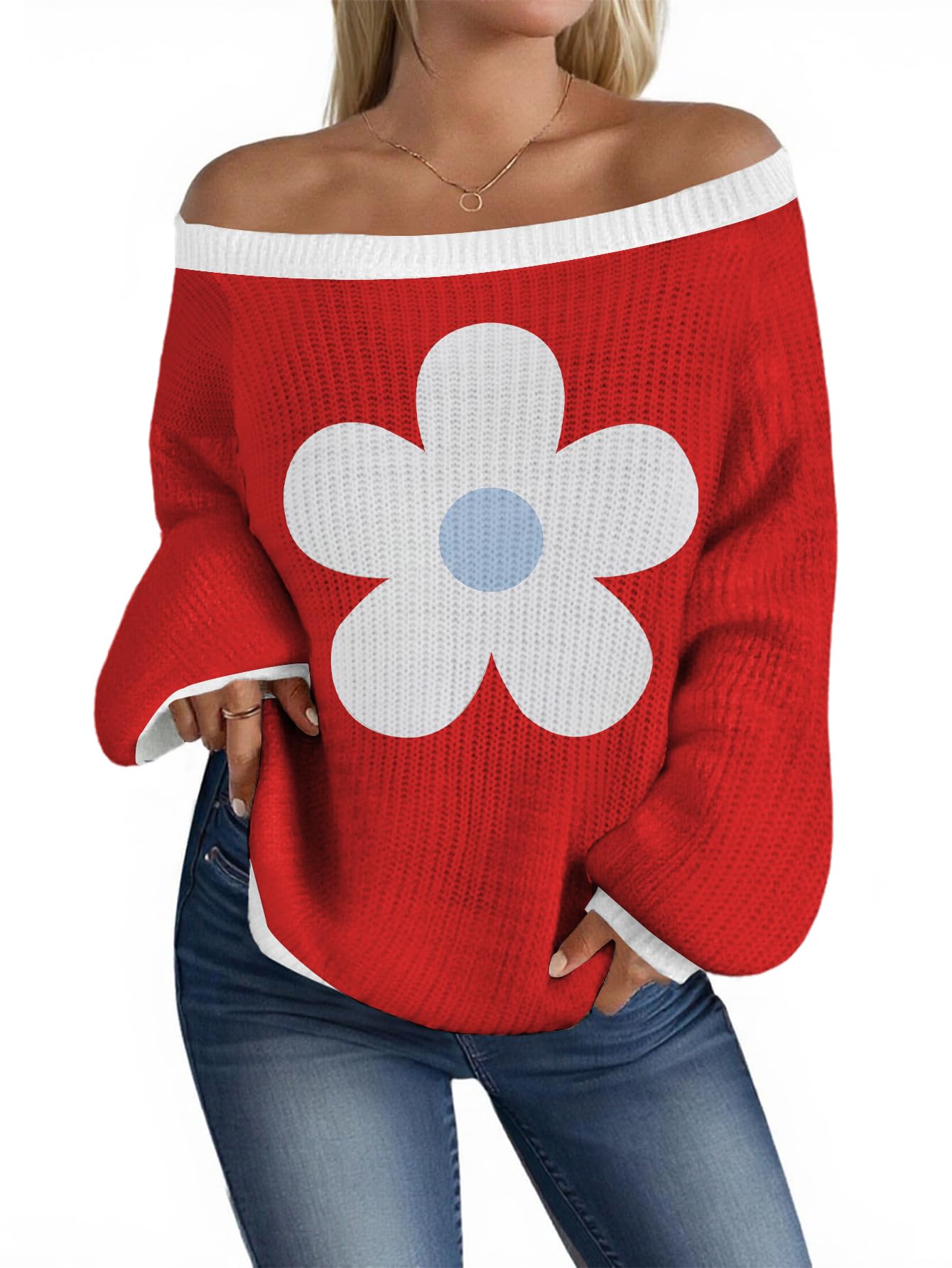 MARZXIN Women's Striped Off the Shoulder Sweaters Cute Oversized Fall Tops
