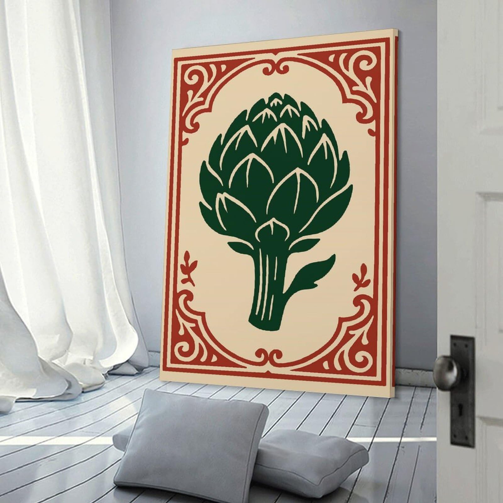Junmoney Artichoke Illustration with Decorative Border Canvas Art Print, 20x30inch(50x75cm), for Home Walls, Creative Rooms Or Shared Spaces, Decorative Artwork with Broad Appeal