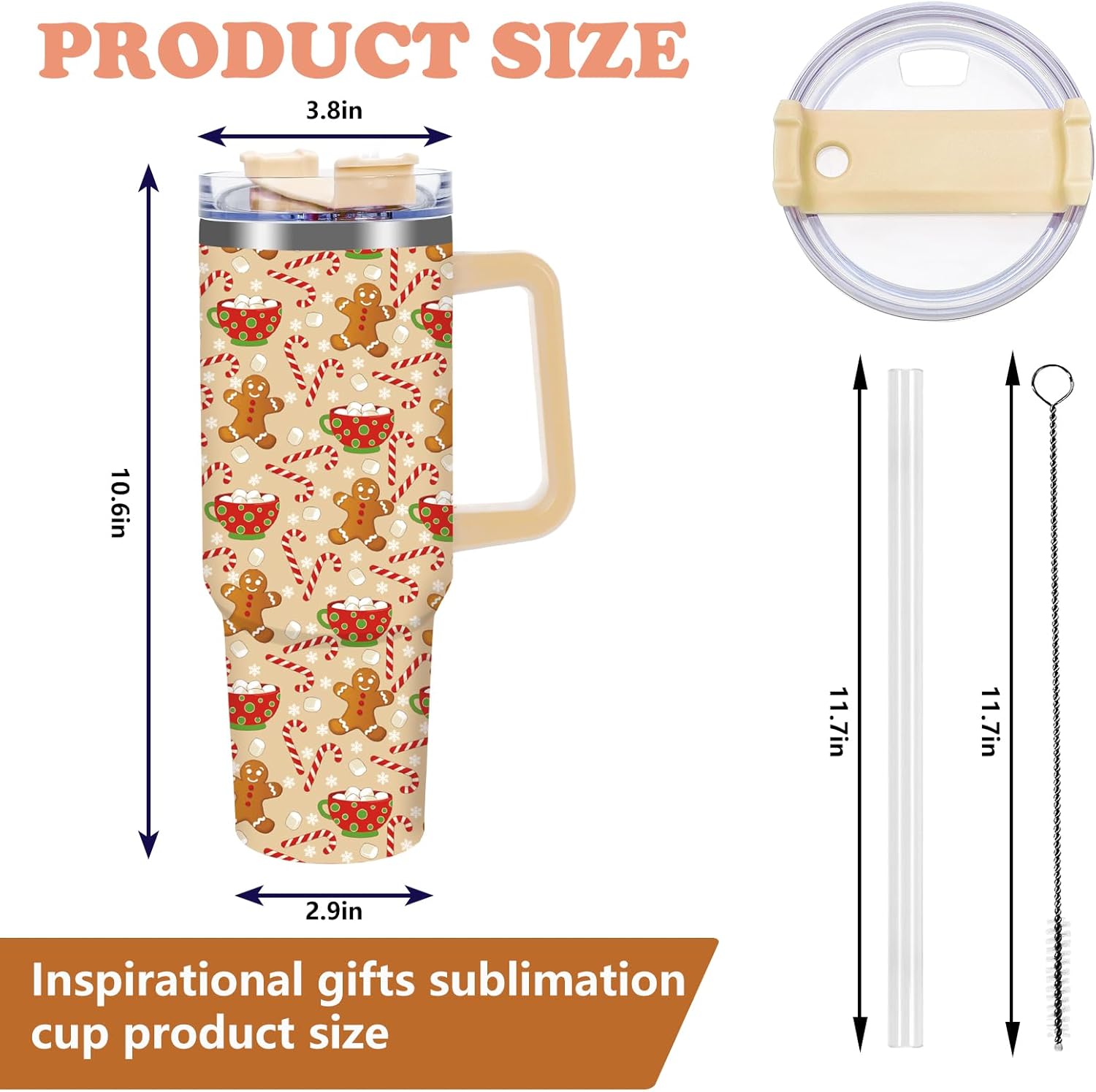 JarThenaAMCS 1 Pcs Christmas Tumbler with Handle Lid Straw 40 Oz Gingerbread Man Candy Cane Stainless Steel Travel Tumbler Cup for Xmas Iced Coffee Party Favor - Image 2