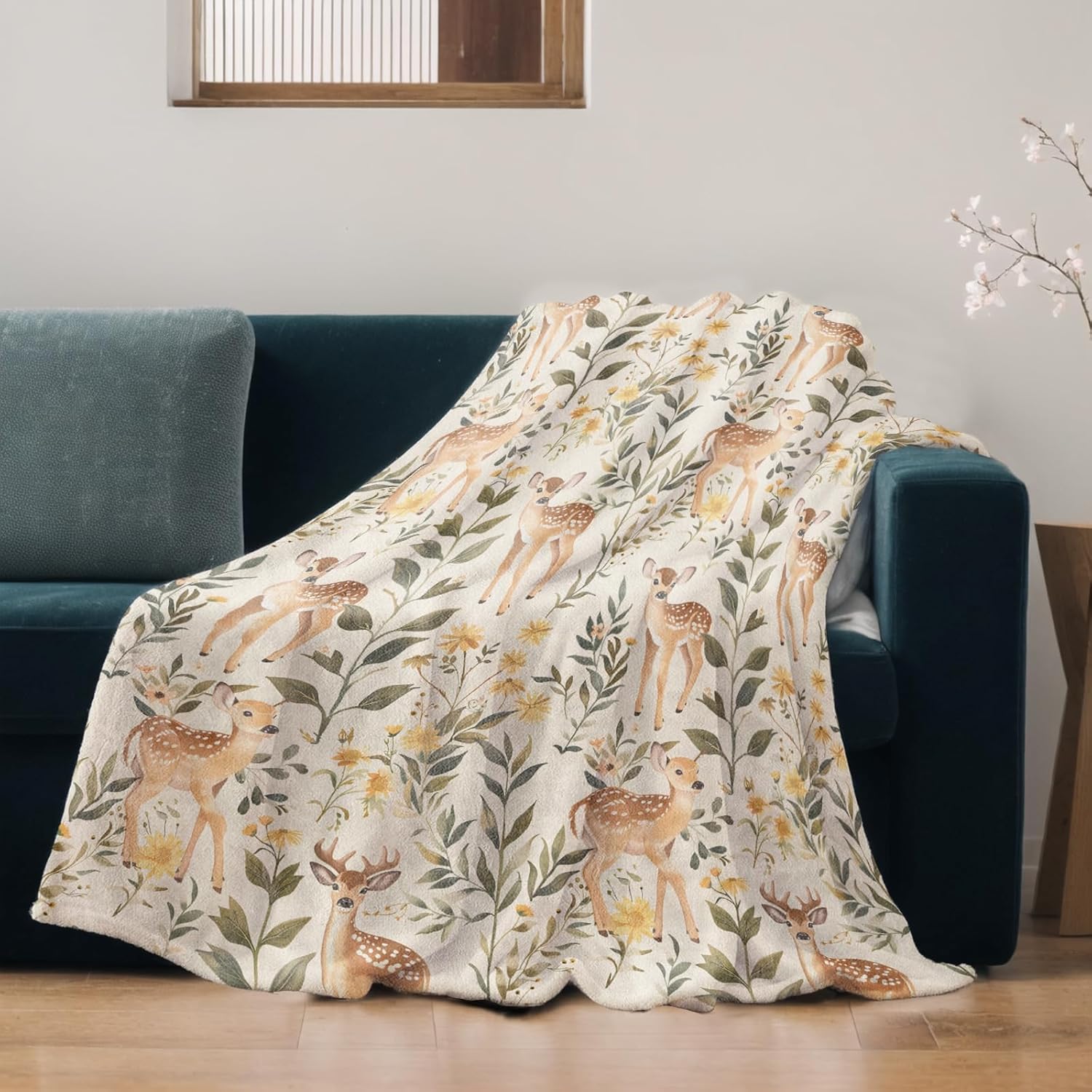 Deer Blanket Lightweight Blankets Gifts for Animal Lover Flannel Throw with Yellow Floral and Cute Wildlife Printed for Sofa, Bed, Travel, Camping, Office, Fall Decor Throws 60x50 Inch