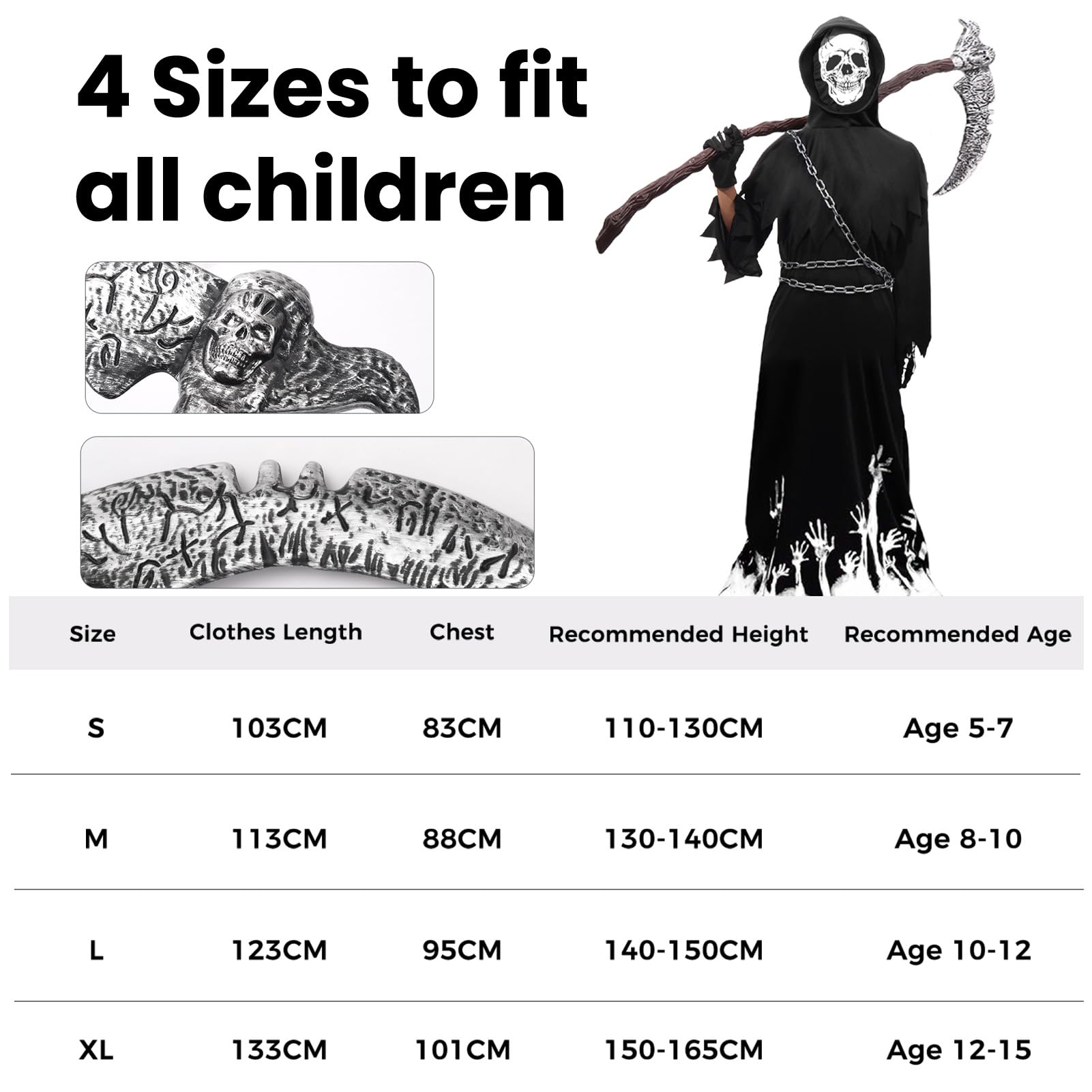 Kostium Grim Reaper dla dzieci z kosą i łańcuszkiem w talii, Deluxe Glow in The Dark Halloween kostium chłopca ponury żniwiarz Grim Reaper kostium na Halloween, karnawał, fantazyjny strój