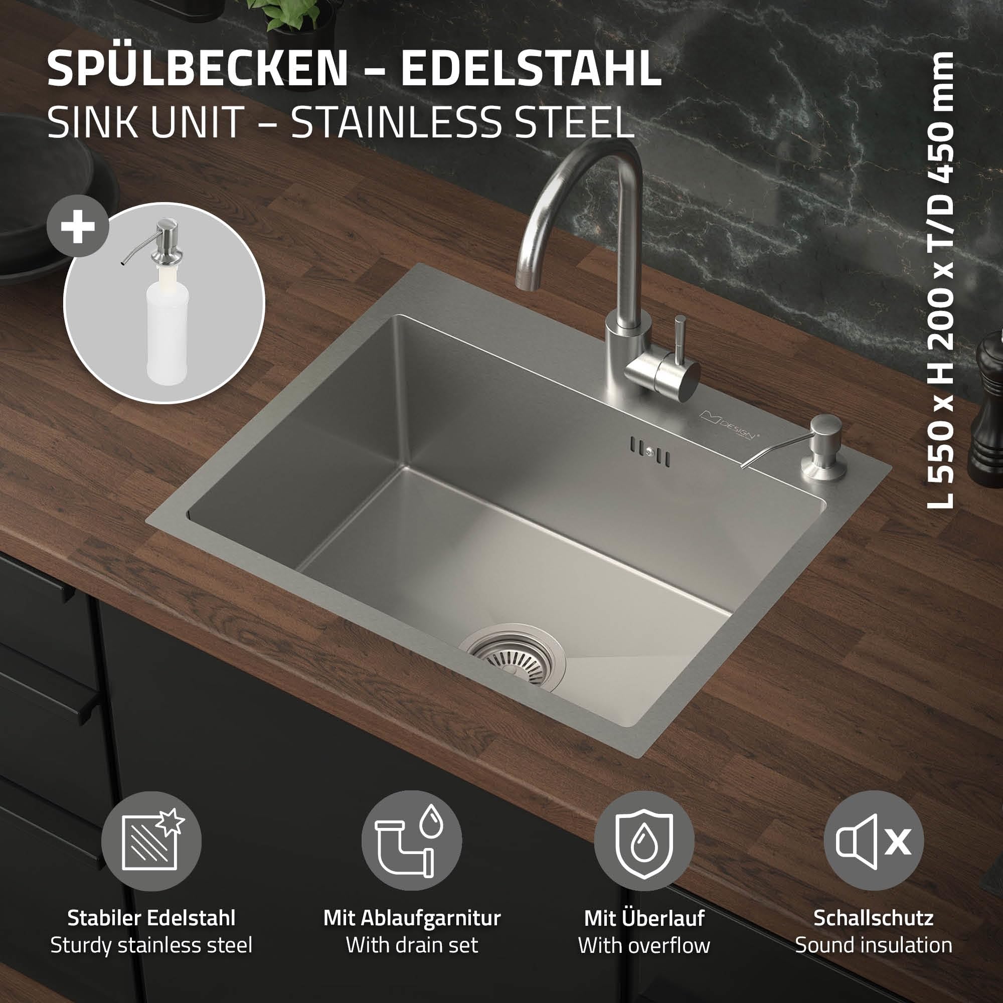 ML-Design Spülbecken Edelstahl 55x45 cm, Küchenspüle Rechteckig, Einbauspüle mit Ab- und Überlaufgarnitur