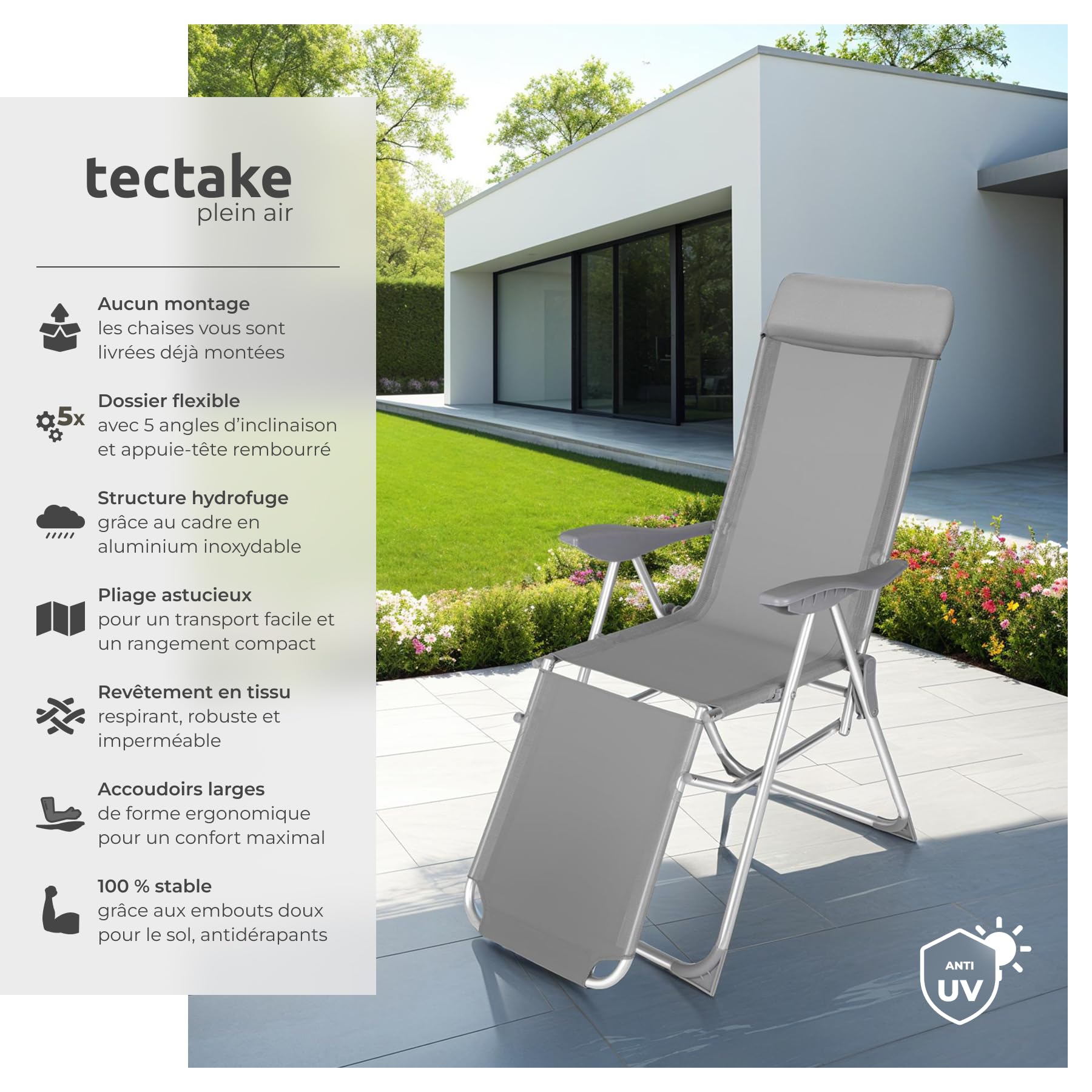 tectake® Lot de 2 Fauteuil de Jardin Chaise Longue Pliable avec Repose Pieds Accoudoirs, Appuie-tête Amovible Salon de Jardin Exterieur, Structure en Aluminium, Dossier Inclinable