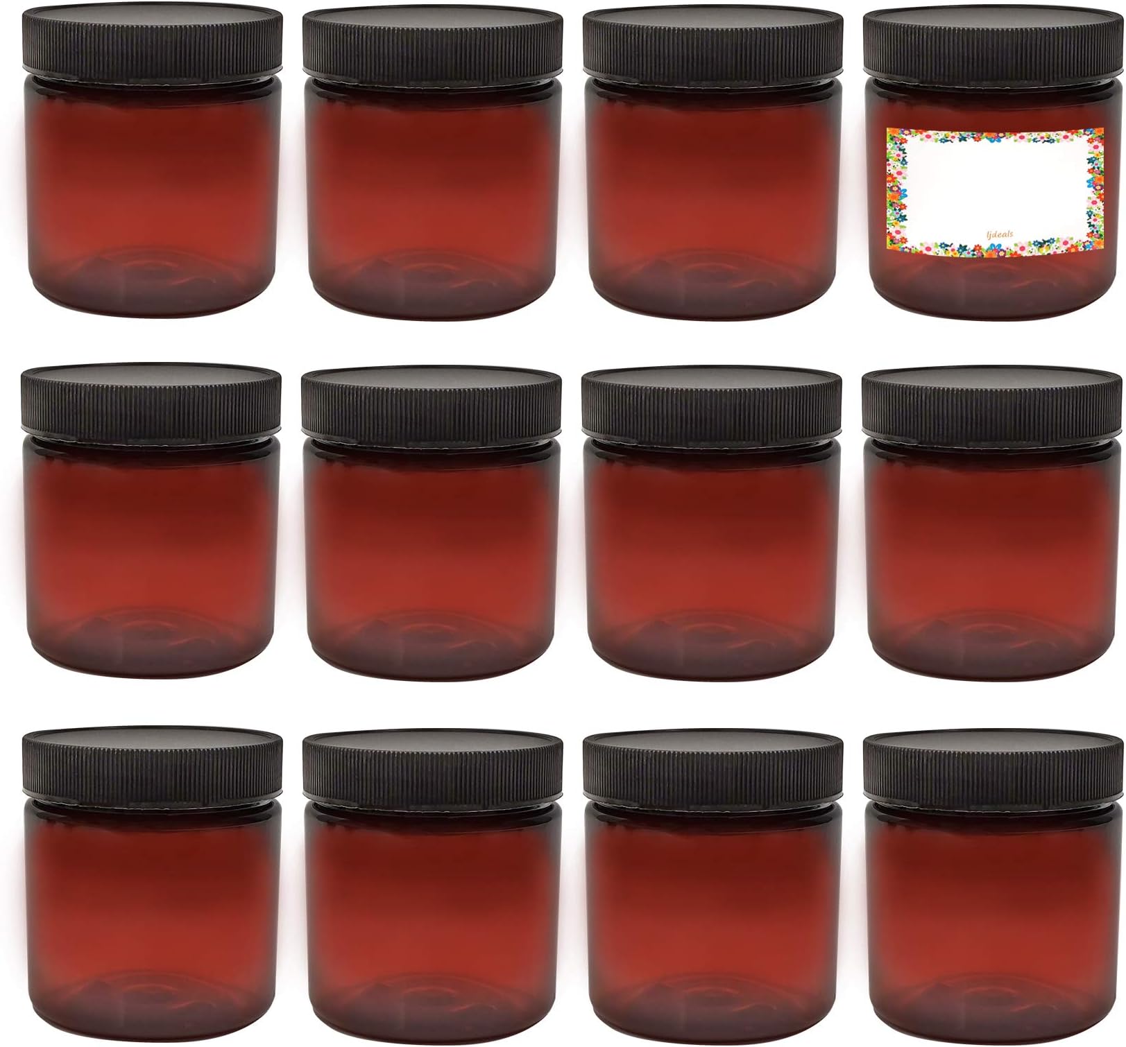 ljdeals 4oz Amber PET Plastic Jars with Lids, Refillable Empty Round Containers, Pack of 12, 12 Labels, Perfect for Kitchen, Cosmetic, Lotion, Personal Care Products and more BPA Free, Made in USA,