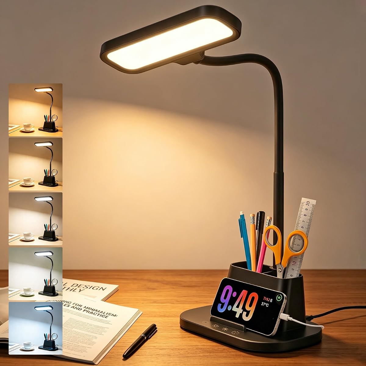 Desk Lamp for Home Office Reading Light with USB Charging Port Black | Small Desk Lamps with Pen Holder, 5 Color Modes 5 Brightness, Touch Gooseneck LED Table Lamp for Dorm Room Essentials Study