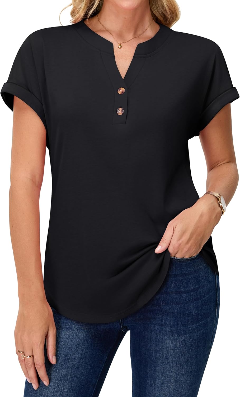 rosemia Womens Short Sleeve Shirts V Neck Dressy Casual Blouses Summer Loose Fitting Henley Tops - Image 7