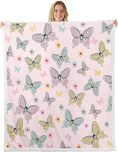 Butterfly Throw Blanket Watercolor Butterflies Fleece Blanket Floral Pink Cozy Throws for Bed Couch Sofa, Kids Boys Girls Room Decor, Soft and