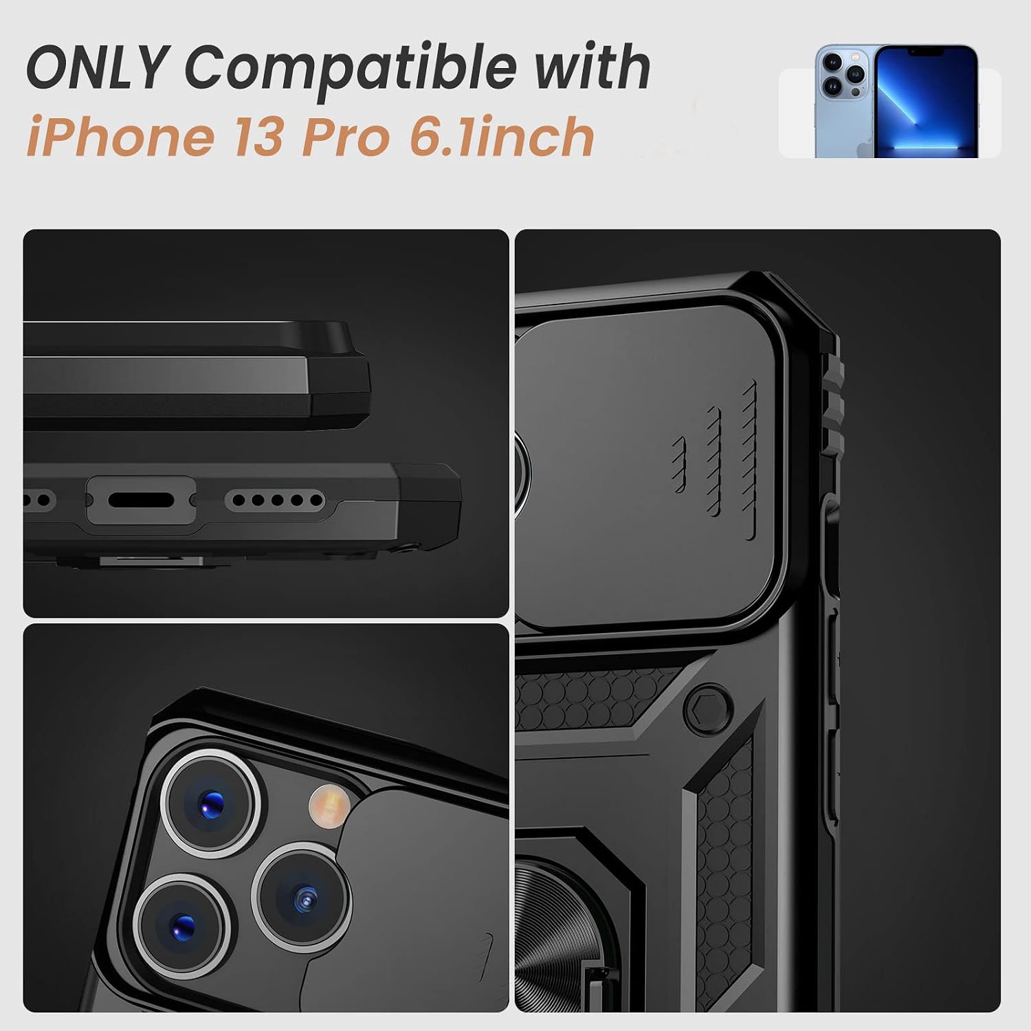 Goton Armor Case for iPhone 13 Pro Case with Slide Camera Cover & Kickstand, Heavy Duty Military Grade Protection Phone Case, Built-in 360° Rotate Ring Stand, Shockproof Full Body Rugged Case (Black)