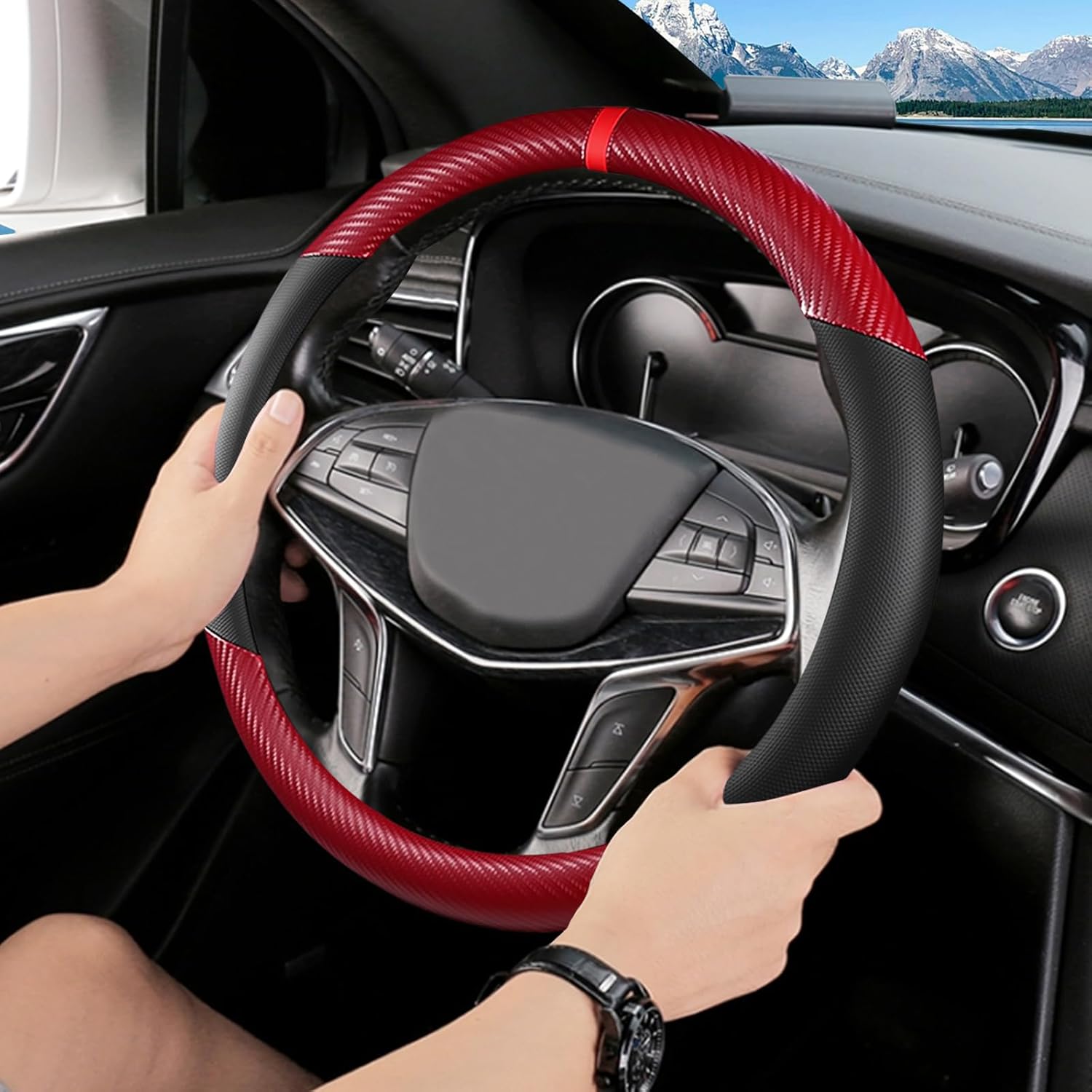 Black & Red Carbon Fiber Leather Steering Wheel Cover, Microfiber Leather, Anti-Slip, Breathable, Universal Fit for 14.5–15 in Steering Wheel Cover for Men Women - Image 3
