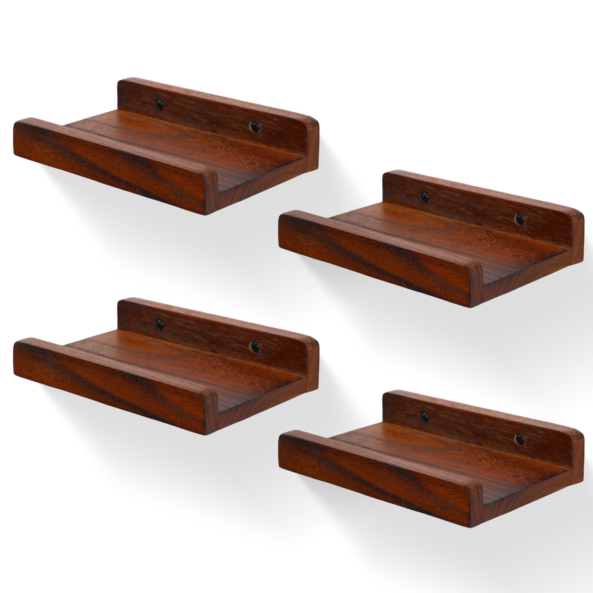 MIHORLIFE Solid Wood, 20cm Small Wall Picture Shelves Ledge, Rustic Wood Floating Shelf, Decorative Display Photo Racks For Living Room, Kitchen, Bedroom, Kitchen, Books, Set of 4, Dark Walnut
