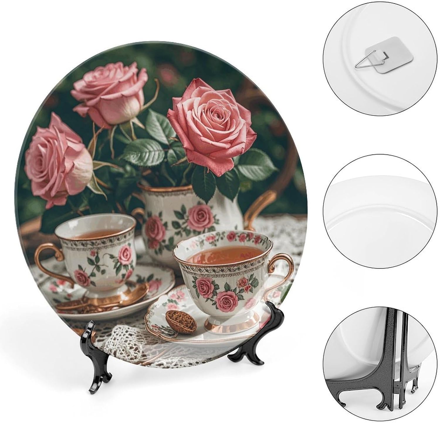 Tea Cups With Roses Romantic Bone China Decorative Plate for Home Decor, Round Ceramic Decorative Dish with Stand Hook, Wall Hanging Ornament Plates for Office, Porcelain Plates 7inch