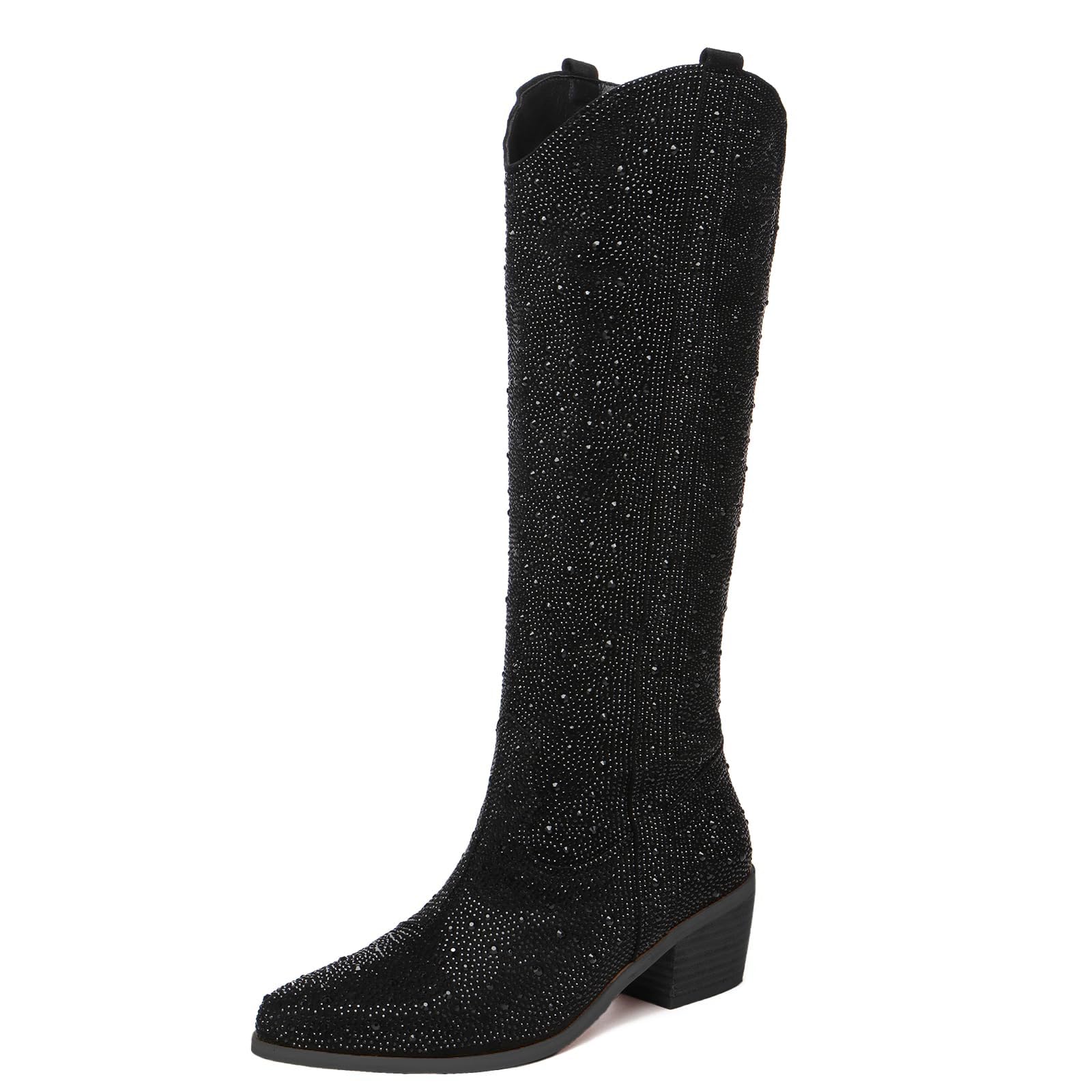 olomisa Rhinestone Boots for Women, Knee High Cowboy Boots Pointed Toe Chunky Heel Sparkly Cowgirl Boots Bling Shoes