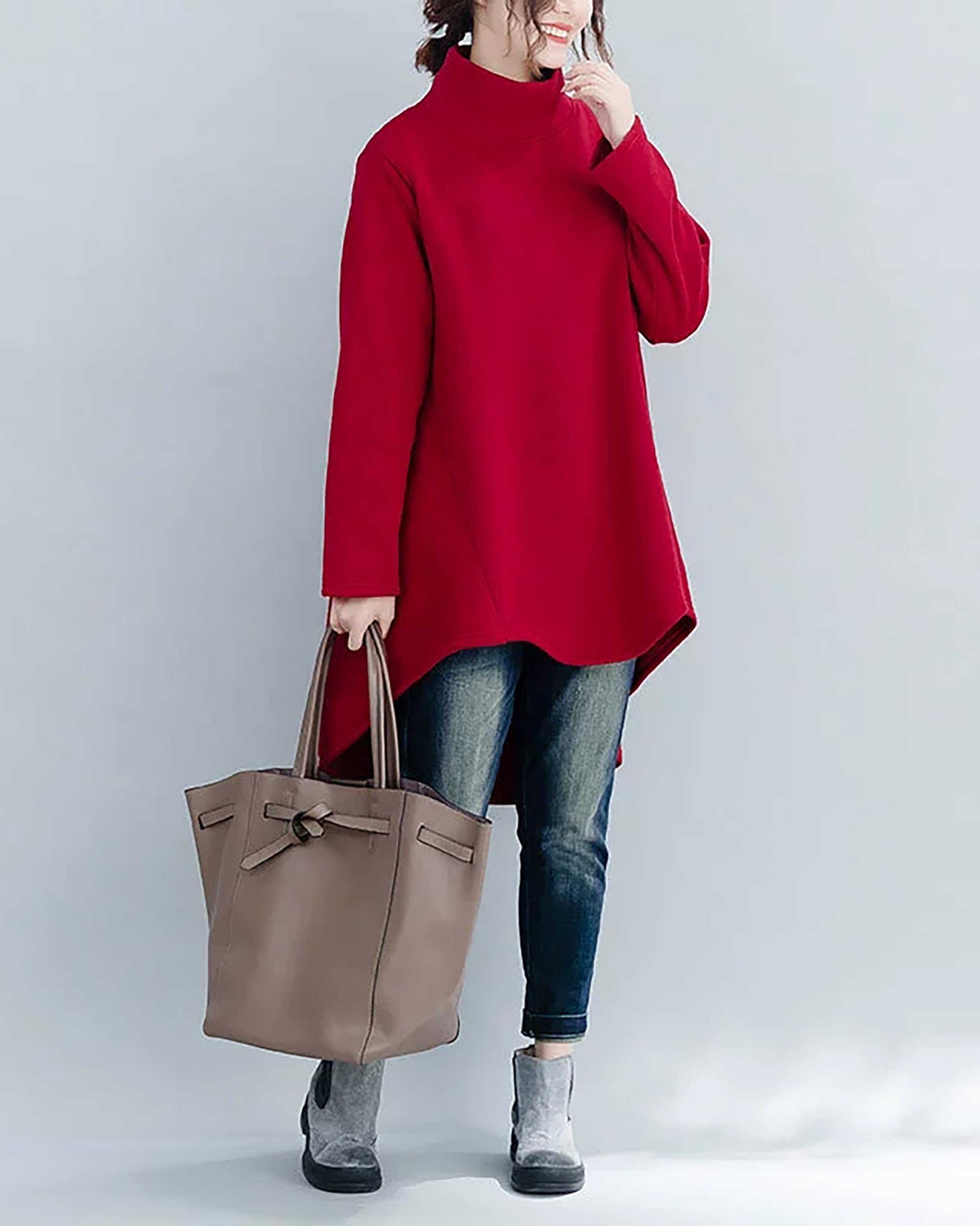 ellazhu Manteau Chemise pour Femmes, col Montant, Manches Longues, Unis, Coupe asymétrique, Ourlet irrégulier, Grande Taille, Maxi, Mode décontractée GZ690