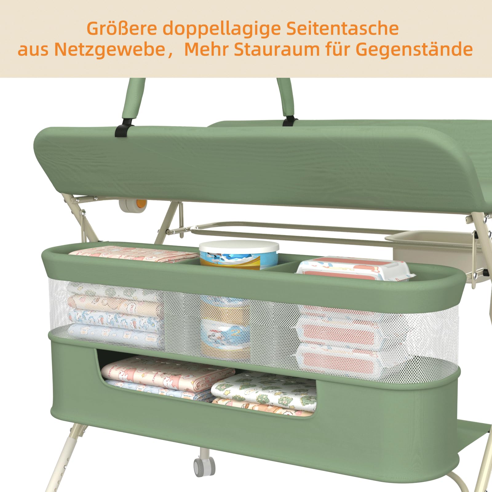homewell 2 in 1 Baby Wickelkombi Spielzentrum, Höhenverstellbar, mobiler Wickeltisch klappbare mit Spielständer Sicherheitsgurt Aufbewahrungskorb Wickelauflage (Grün)