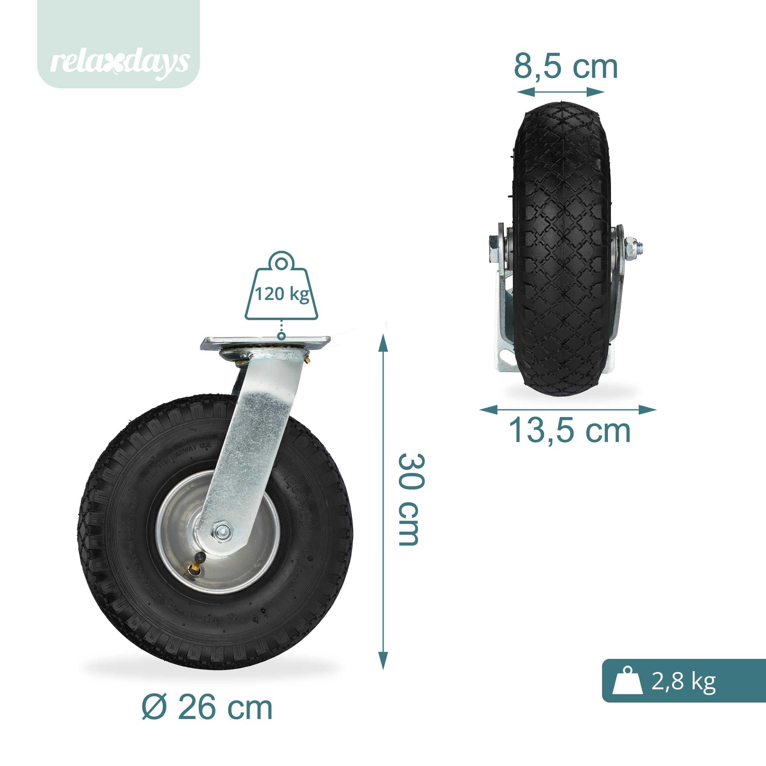 Relaxdays 2x Bockrolle + 2x Lenkrolle Set, luftbereiftes Schwerlastrad, 3.00-4, Transportrollen 120 kg, schwarz/silber