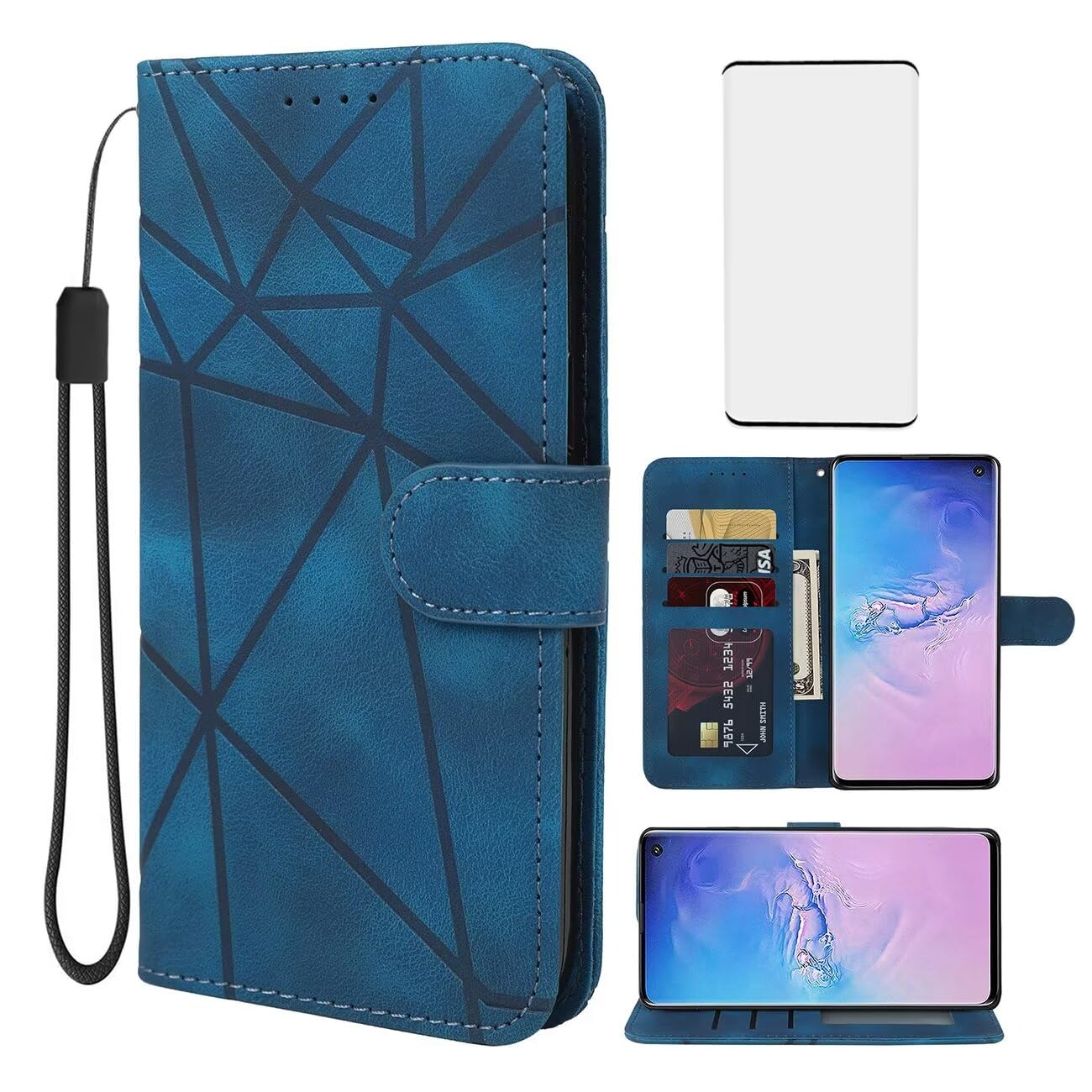 Wanyuexes Case for Galaxy S10 Case, Samsung S10 SM-G973U Wallet Case with Tempered Glass Screen Protector, Skin Feel PU Leather Flip Credit Card