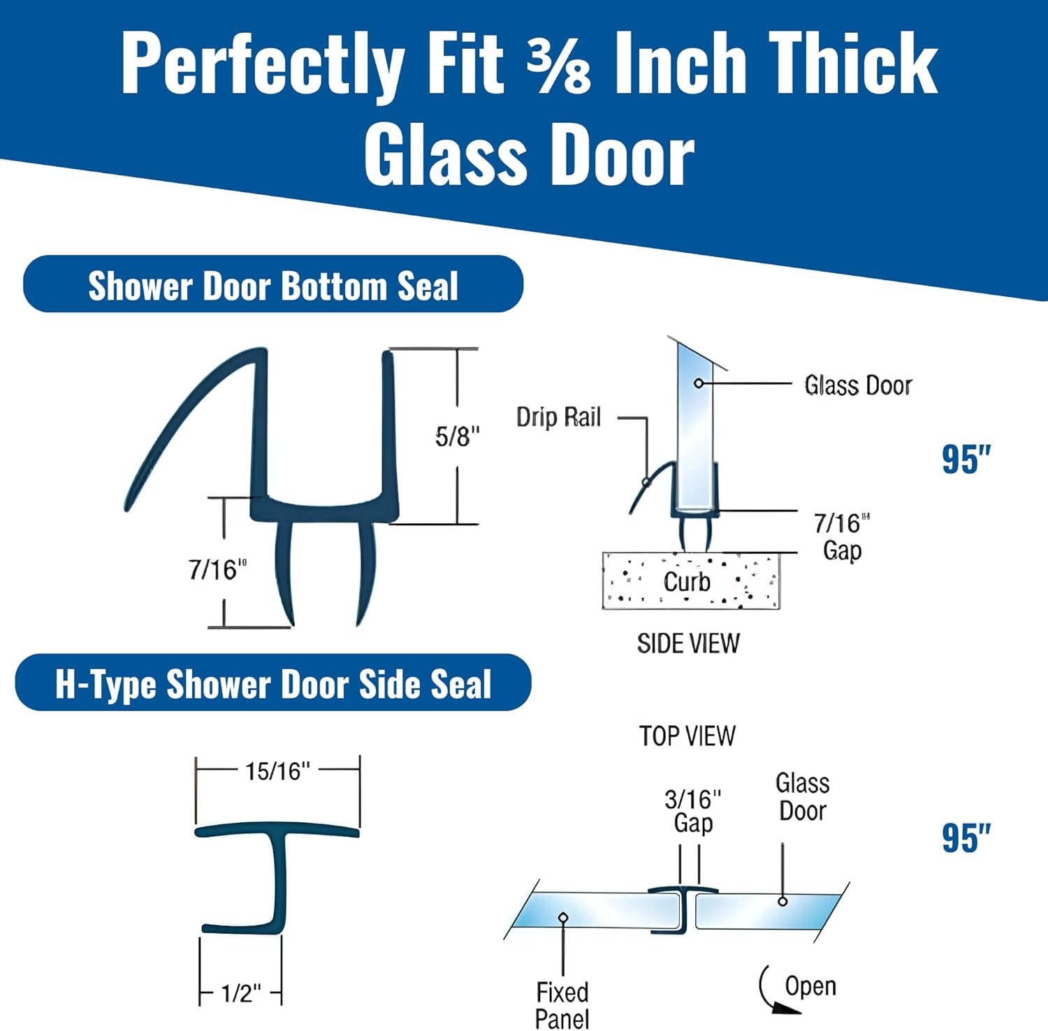 KC Hardware 95 Inch Frameless Shower H Side Seal Strip & 95 Inch Door Bottom Seal for 3/8 Inch (10mm) Thick Glass – Stops Water Leakage & Leaks – Clear