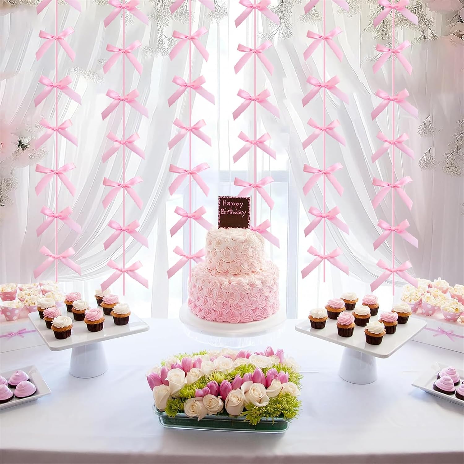 Pink Ribbon Bow Hanging Garland for Baby Shower Pink Bow Party Decorations Girls Bow Birthday Decoration Tying the Knot Bridal Shower Party Room Décor 6pcs