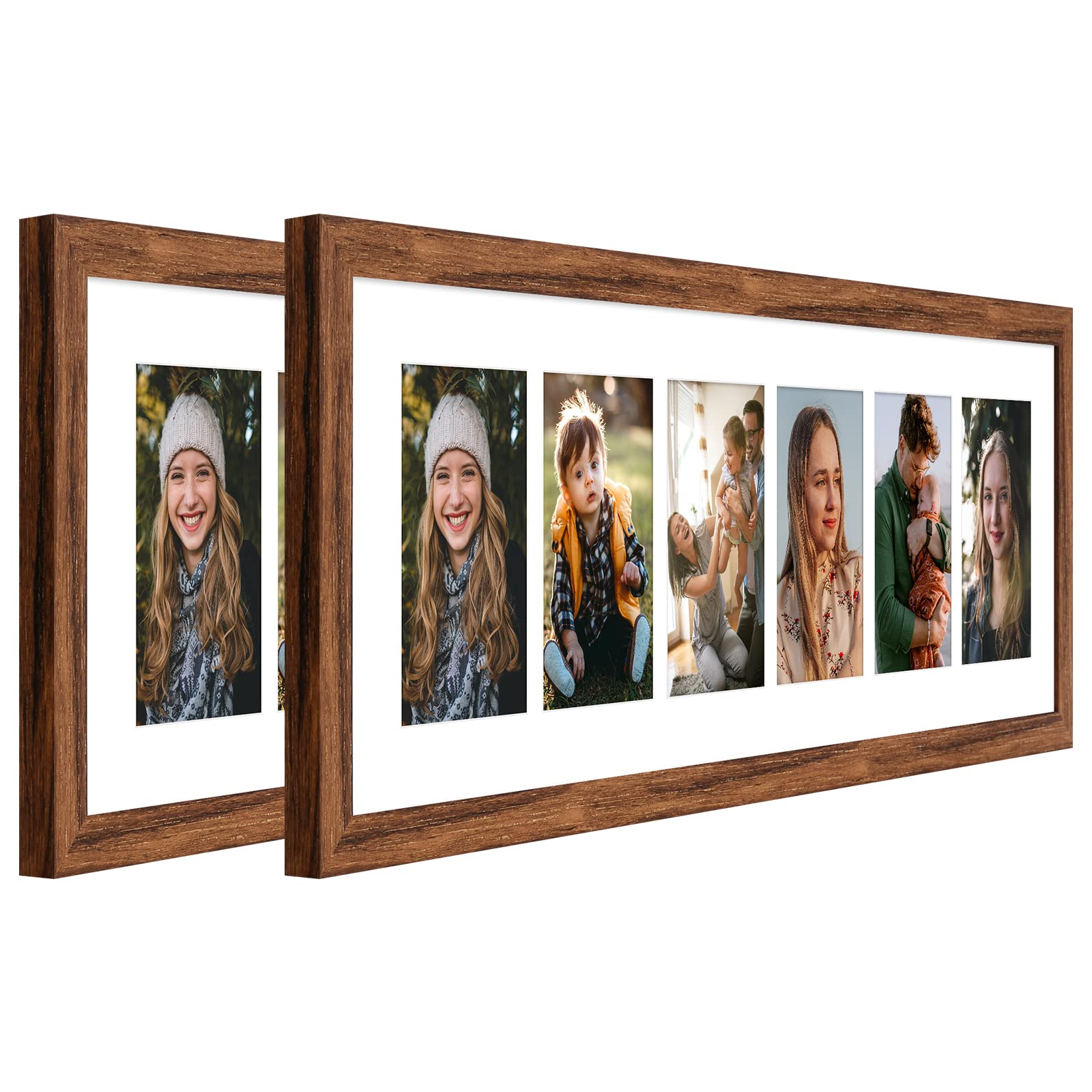 KSROECUD 8x26 Collage frame with 6 Openings 4X6 Pictures, Multiple Picture Frame with Mat, Wall or Tabletop Decor, Carbonized Brown Wood Grain,2 Pack