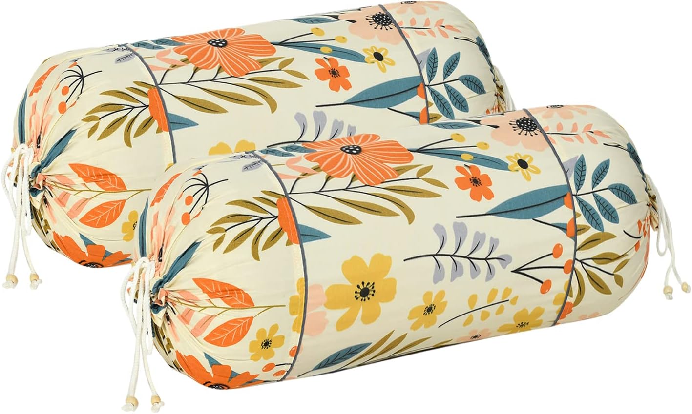 Kuber Industries Floral Print Soft & Luxurious Decorative Cotton Bolster Cover- Set of 2, 16"x32" (Cream)