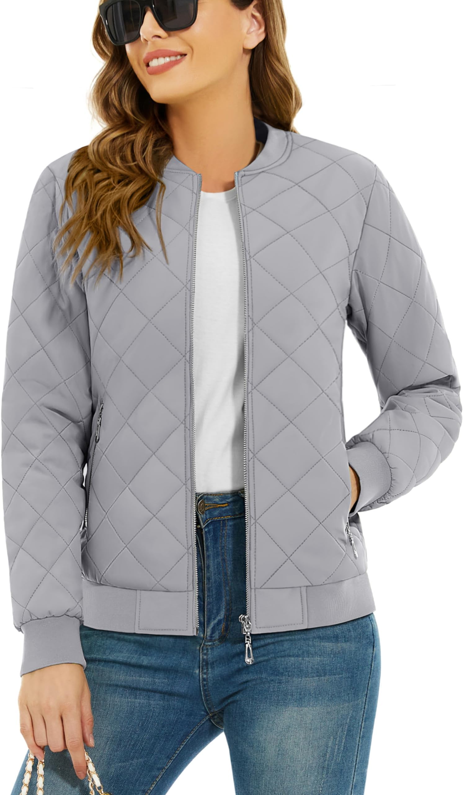 Women's Diamond Quilted Jackets Lightweight Casual Bomber Jacket Warm Winter Coats Full Zip with Pockets