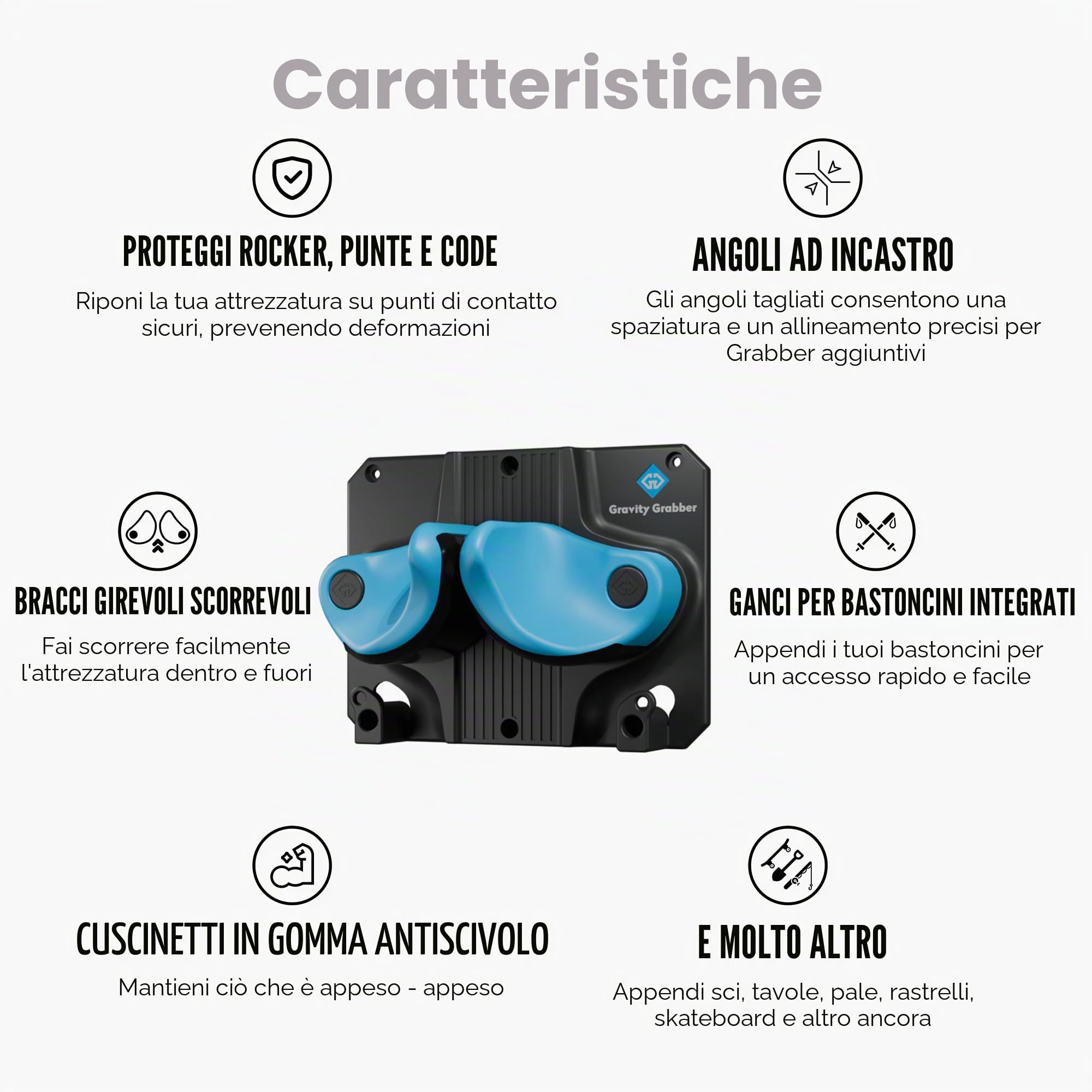 Gravity Grabber Supporto da Parete per Sci e Snowboard - per Tutti i Tipi di Sci e Snowboard - Salva Rocker, Punte e Code dai Danni - 1x - Ciano