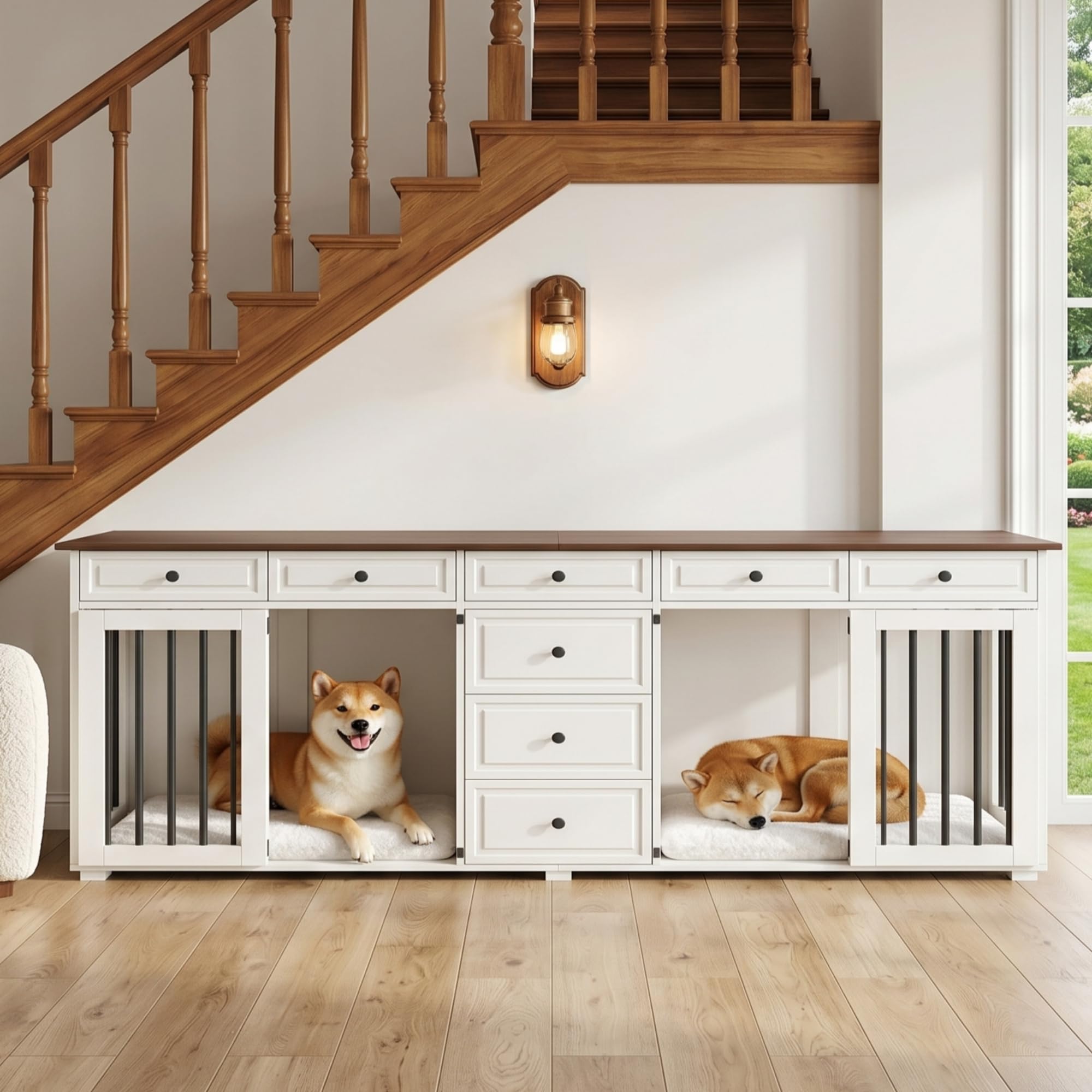Hundekäfig für Zuhause, Hundebox Indoor für 2 mittelgroße Hunde, Hundekäfig Möbel XXL Stabile Hundehütte mit 8 Schubladen, Moderne Hundehaus weiß, 200x60x85 cm