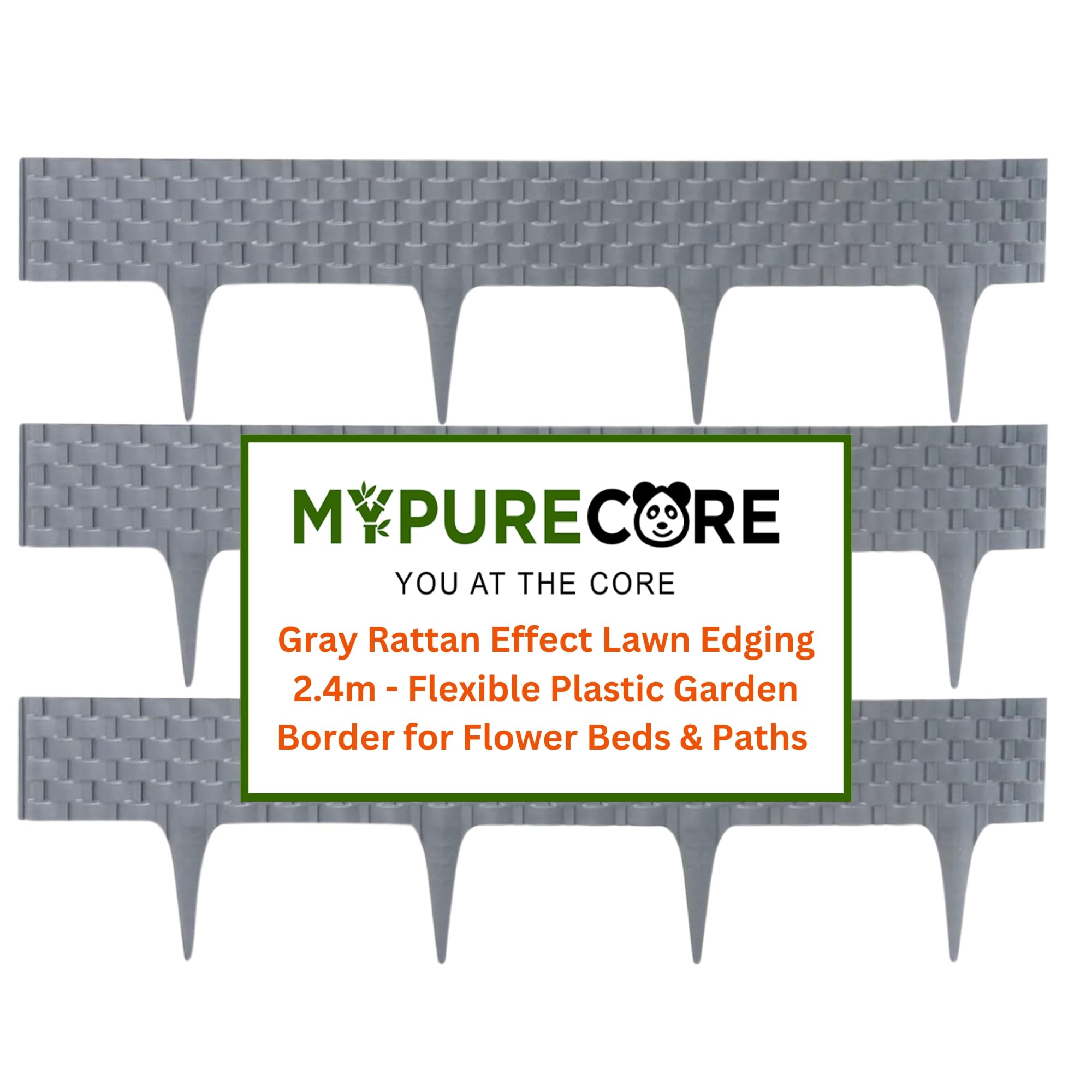 MYPURECORE Grey Rattan Effect Lawn Edging 2.4m - Flexible Plastic Garden Border for Flower Beds & Paths | Weather-Resistant & Recyclable Palisade | Easy Install Edging for Grass, Gravel & Landscape