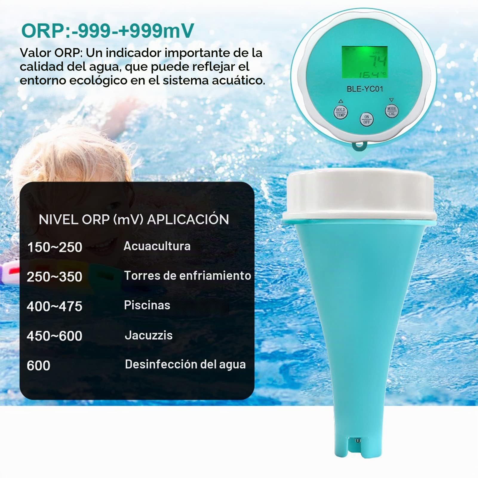 Medidor de Prueba de Agua, 6 en 1 PH EC TDS ORP CL TEMP Pluma de Prueba de Agua Digital, Probador de Calidad de Agua Bluetooth de Alta Precisión para Piscina, Hidroponía, Agua Potable, Acuarios