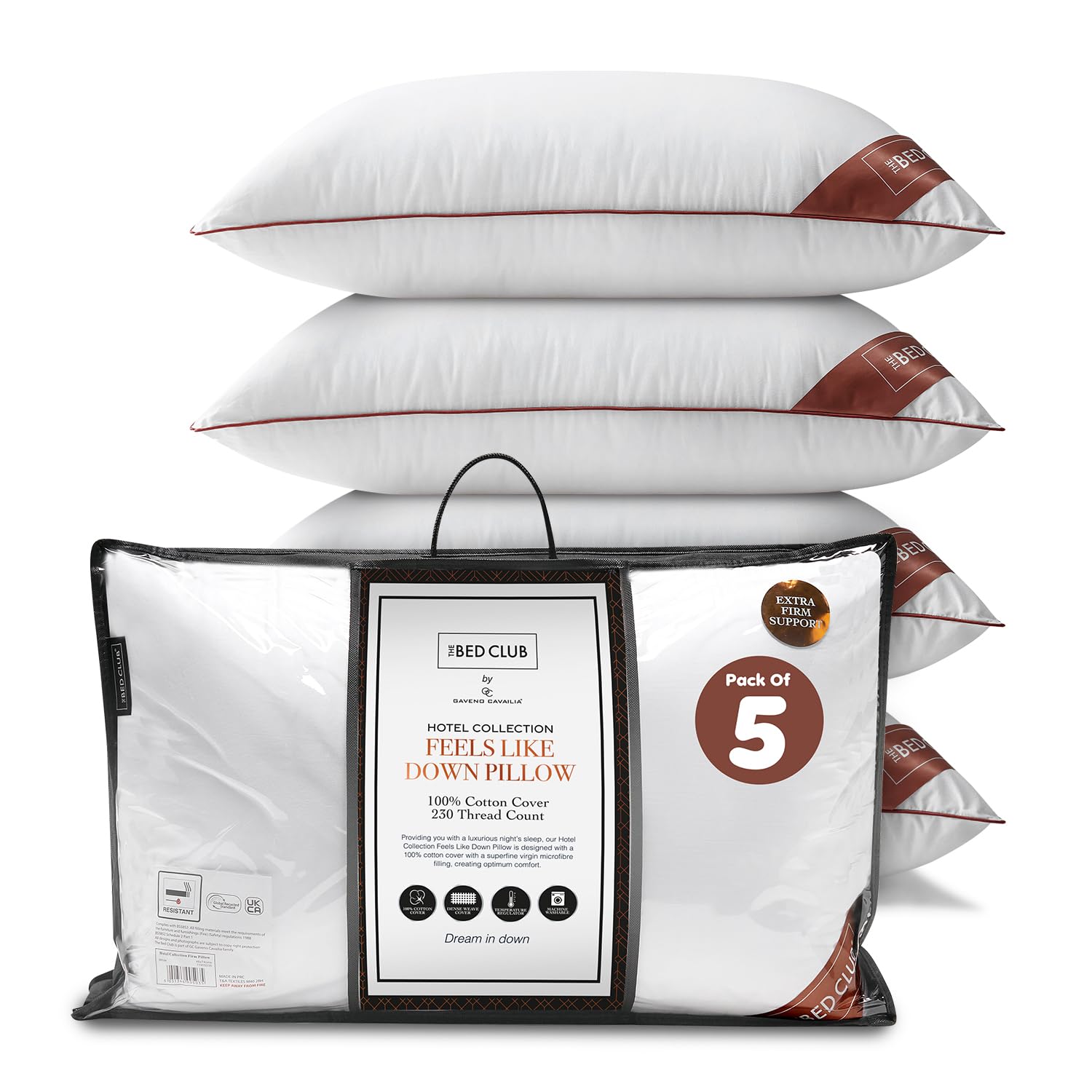GC GAVENO CAVAILIA Firm Pillows 5Pack Neck Support Bed Pillow | Breathable Standard Size Single Pillow With 100% Cotton Cover | Hotel Quality Pillows For Stomach Back Pain & Side Sleepers, 74x48cm