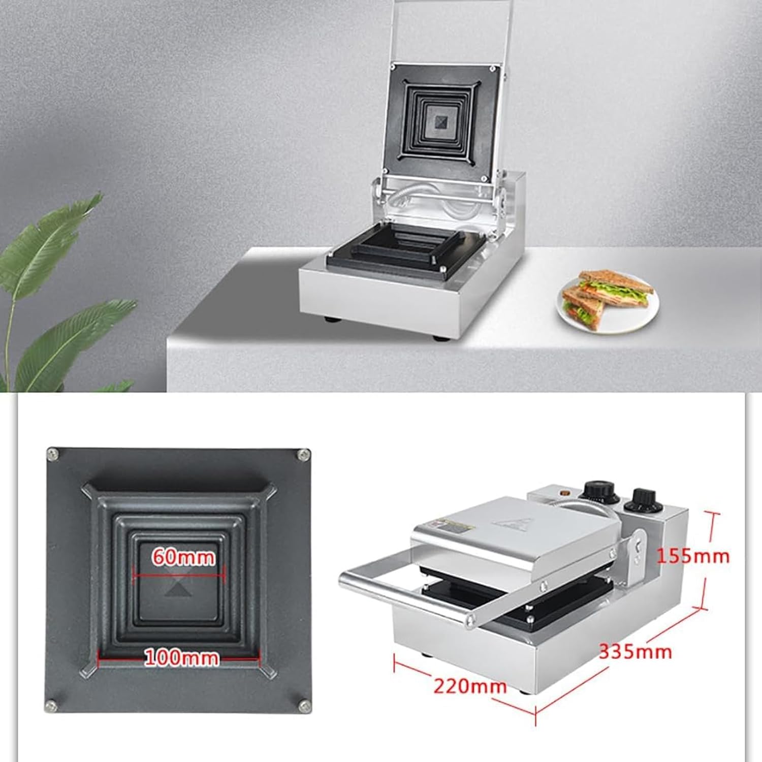 Electric Sandwich Panini Press Grill, 900W Commercial Sandwich Maker with 50°C-300°C Temperature, 0-5min Timer, Stainless Steel for Hamburgers Steaks Bacons