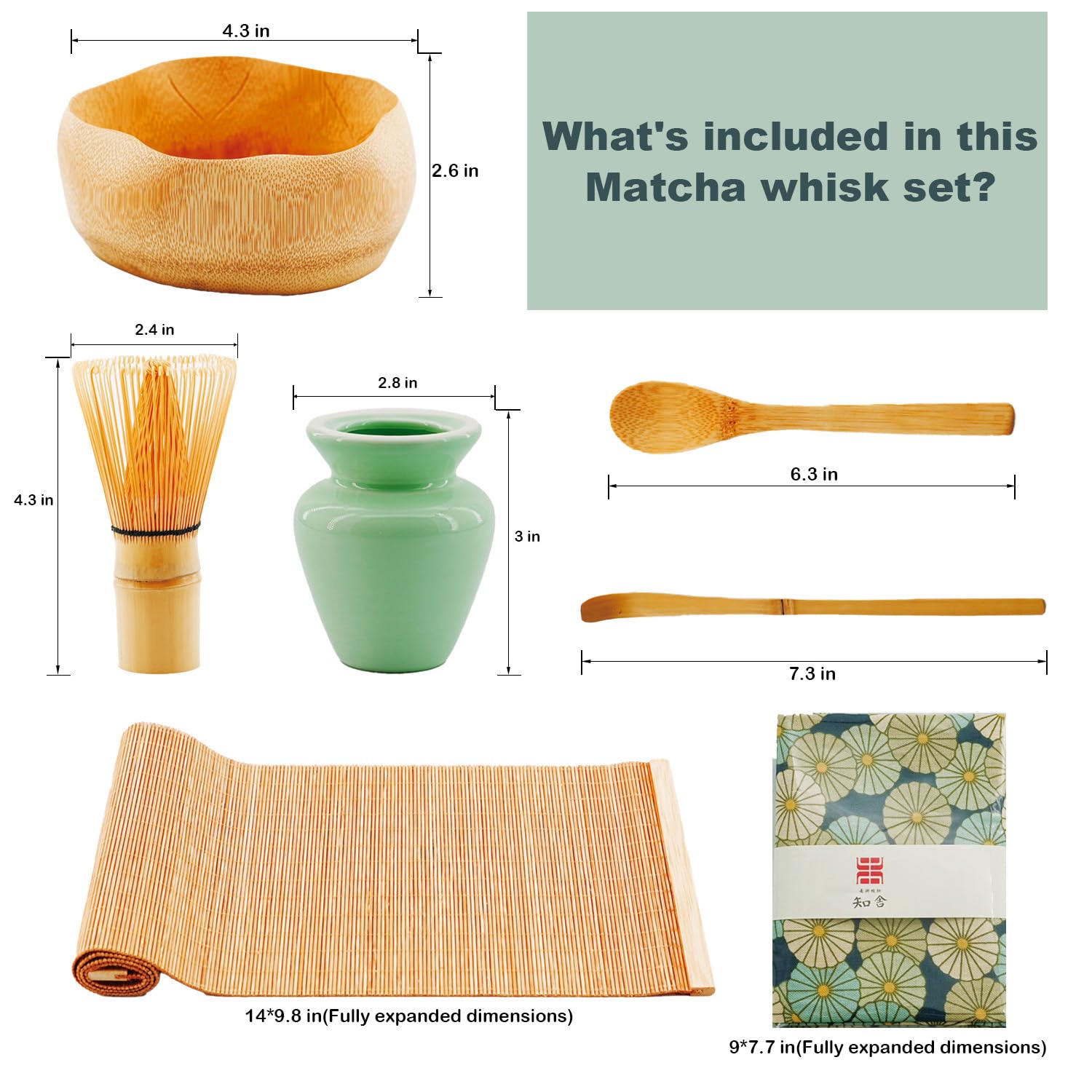 INTERZERO Japanese Matcha Whisk Set - 7 Piece Bamboo & Ceramic Kit With Bowl, Scoop & Tools - Authentic Tea Ceremony
