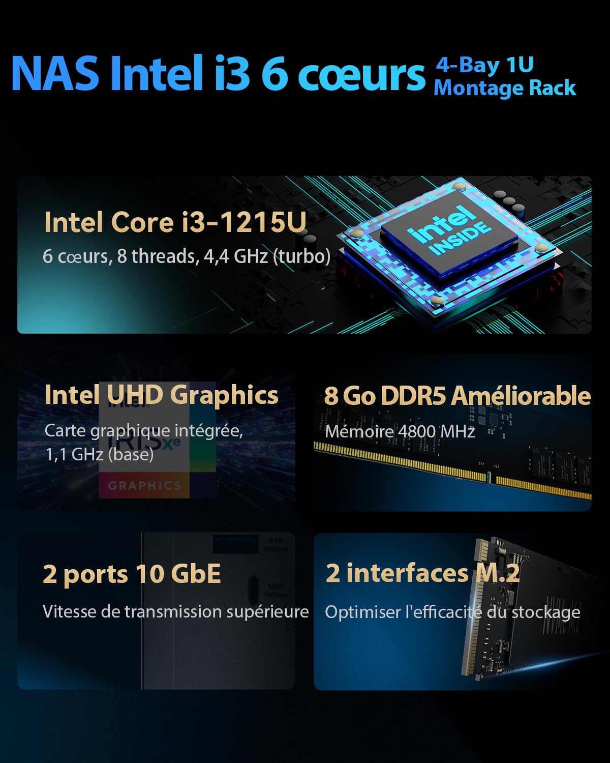 TERRAMASTER U4-500 NAS Stockage- 4 Baies, Intel Core i3-1215U, 1U Ultra-Compact, 8 Go DDR5, Double 10GbE, Stockage Rattaché au Réseau (NAS) Performance Maxi pour Les Entreprises (sans Disques)