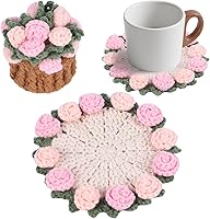 Handmade Crochet Coaster Set with Mini Basket - Boho Floral Vintage Rose Design (Pink) for Coffee Table, Wedding & Housewarming Gifts