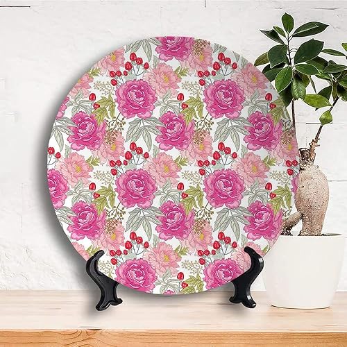 Miniatura 10 de Platos decorativos, adorno con estampado floral, flor de cerezo japonés en pintura de acuarela, 6 pulgadas, 1 plato con 1 soporte de exhibición,