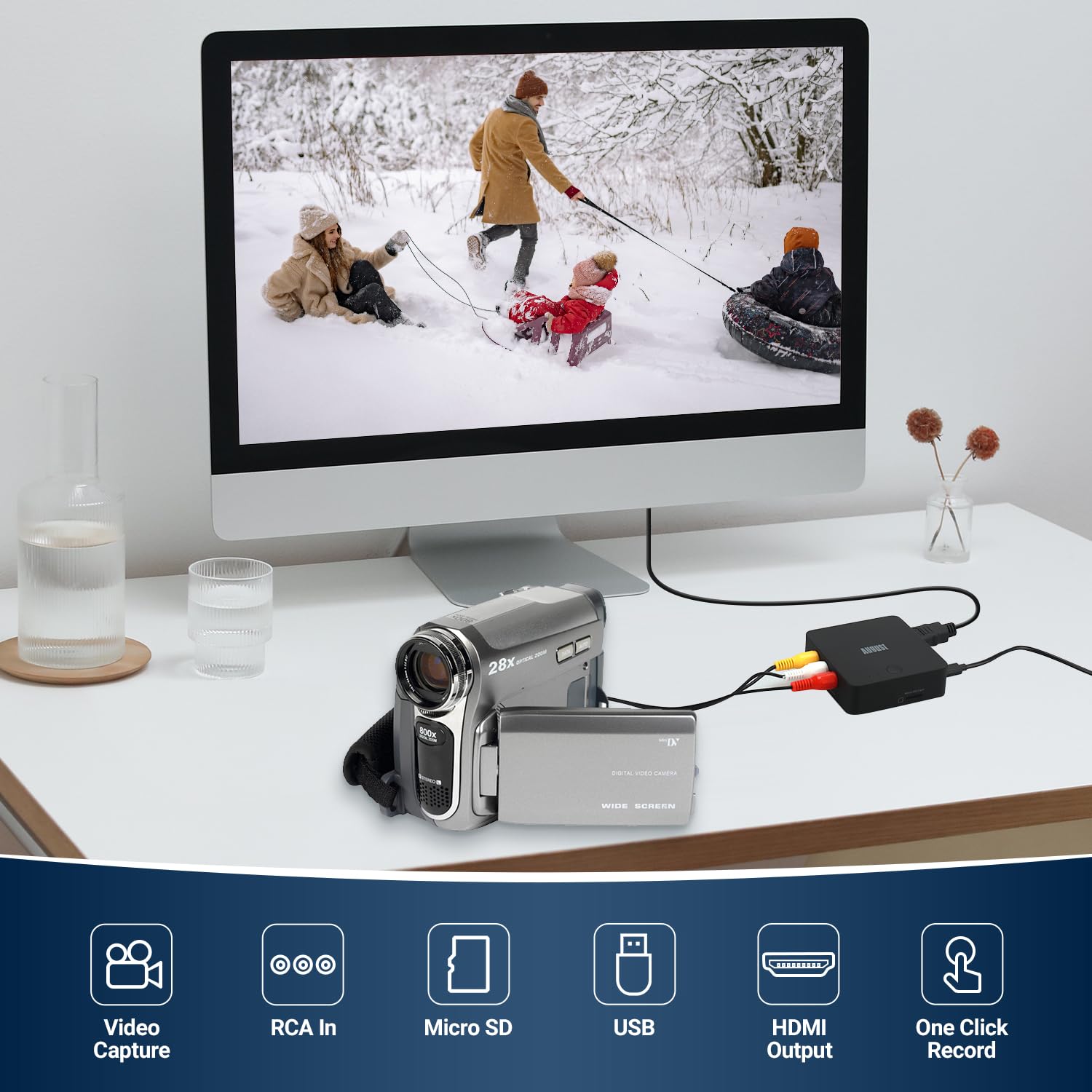 August VGB400 Tarjeta capturadora de vídeo sin PC, Cable RCA para conversión de VHS a Digital, Hi8, Videocámara - Salida a HDMI, grabación en Micro SD o USB Máx. 64 GB - Negro